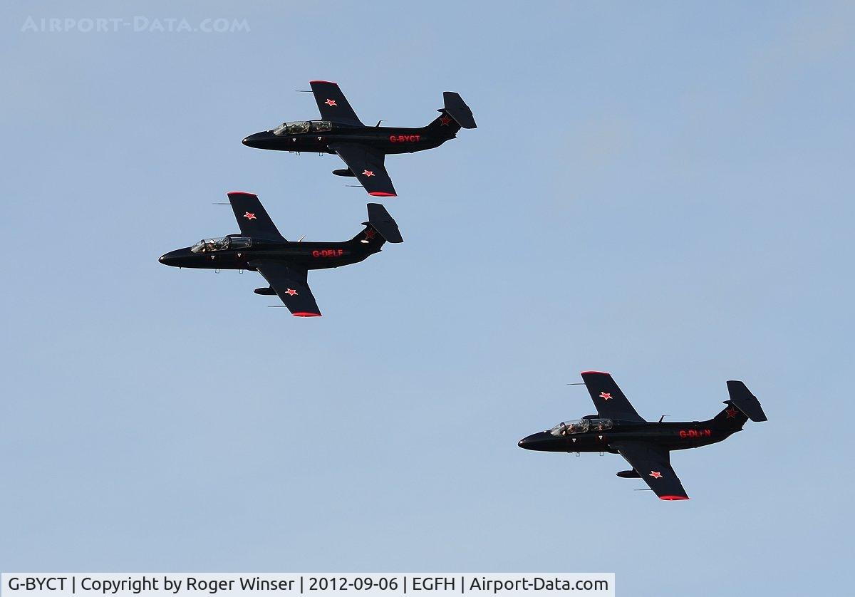 G-BYCT, 1973 Aero L-29 Delfin C/N 395142, Red Star Rebels second three ship formation practice session. Topside pass with G-BYCT in the Rebel 2 slot and Rebel 1 (G-DELF) and Rebel 3 (G-DLFN) over Swansea Airport.
