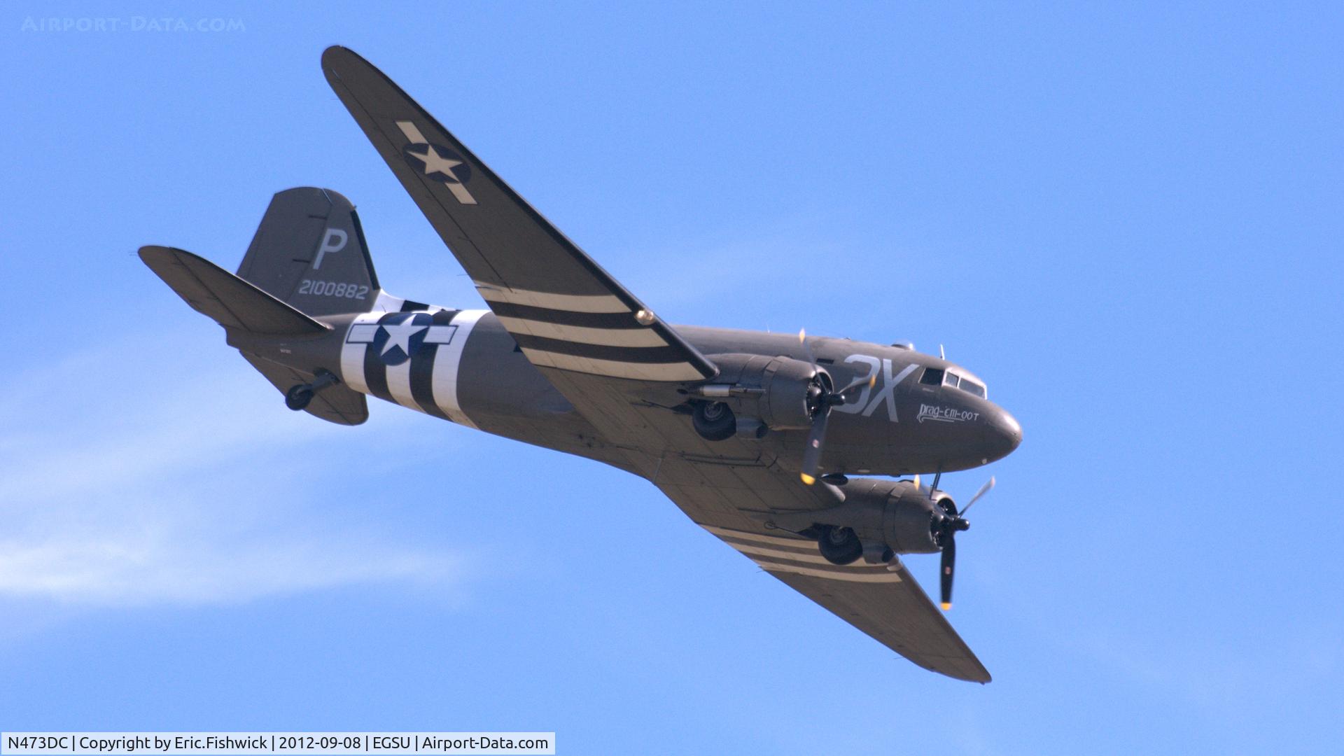 N473DC, 1942 Douglas DC3C (C-47A) C/N 19345, 43. N473DC at The Duxford Air Show, Sept. 2012, with the original markings as worn during her missions on D-Day 1944 with USAAF serial 42-100882 and coded 3X-P nicknamed 'Drag 'em Oot'   