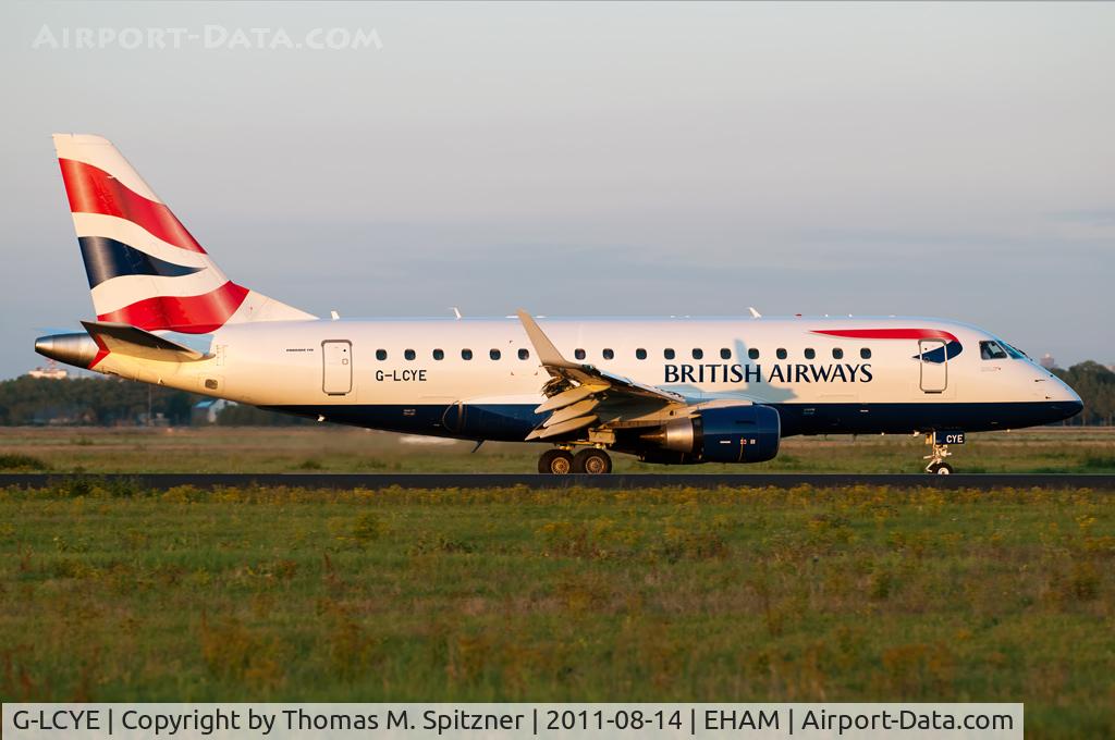 G-LCYE, 2009 Embraer ERJ-170-100STD C/N 17000296, British Airways by CityFlyer Express G-LCYE leaving 18R ( Polderbaan ) after roll out. Nice evening sun light.