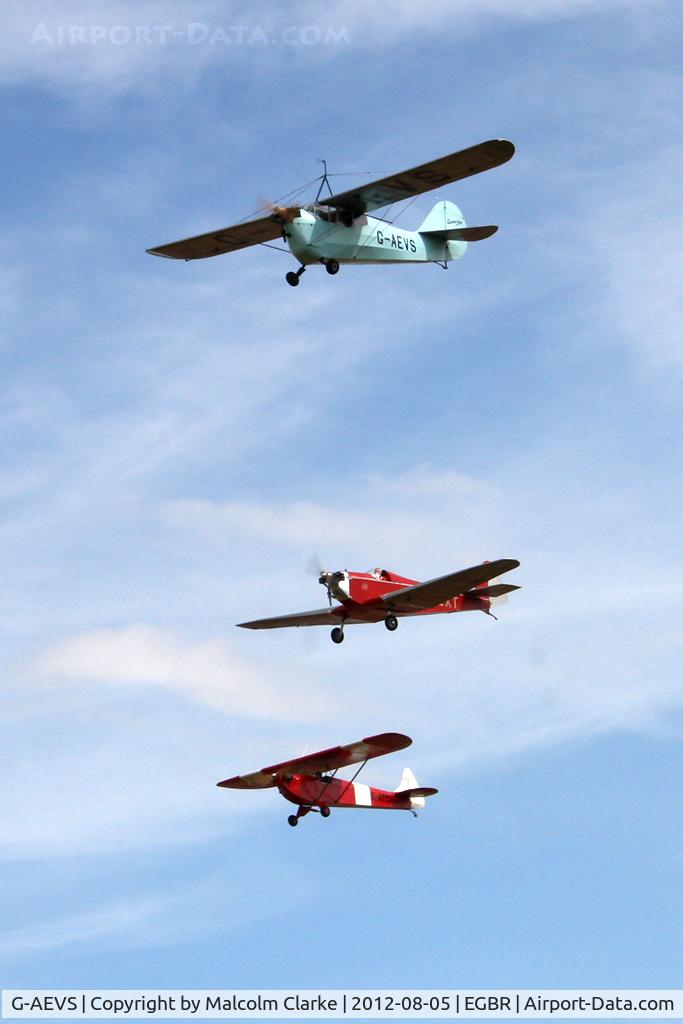 G-AEVS, 1937 Aeronca 100 C/N AB114, Aeronca 100 G-AEVS (top) together with Dart Kitten II G-AEXT and Luton LA-4A Minor G-ATCN at The Real Aeroplane Club's Summer Madness Fly-In, Breighton Airfield, August 2012.