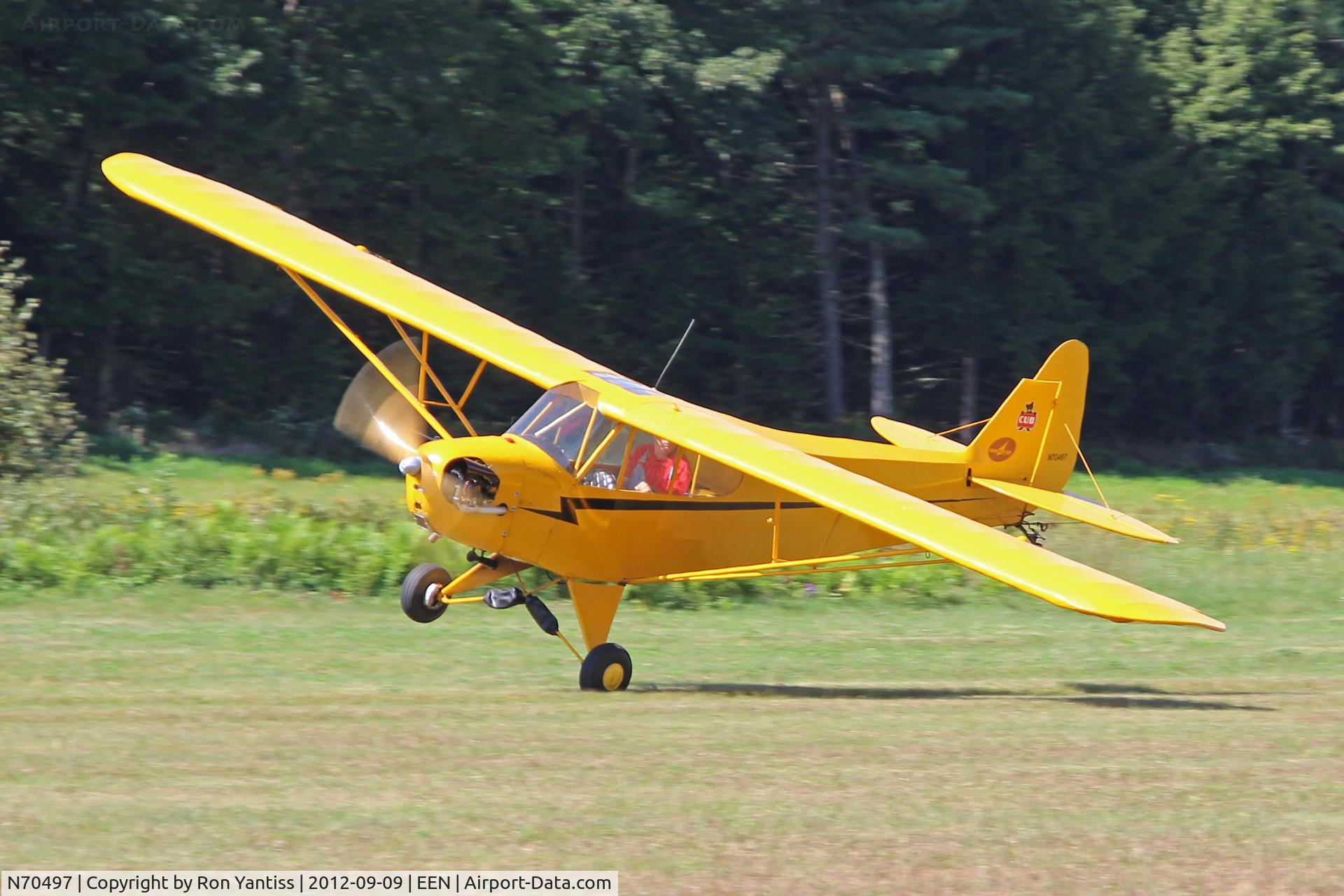 N70497, 1946 Piper J3C-65 Cub Cub C/N 17500, One wheel touch, grass strip on 14-32, Dillant-Hopkins Airport, Keene, NH, airshow