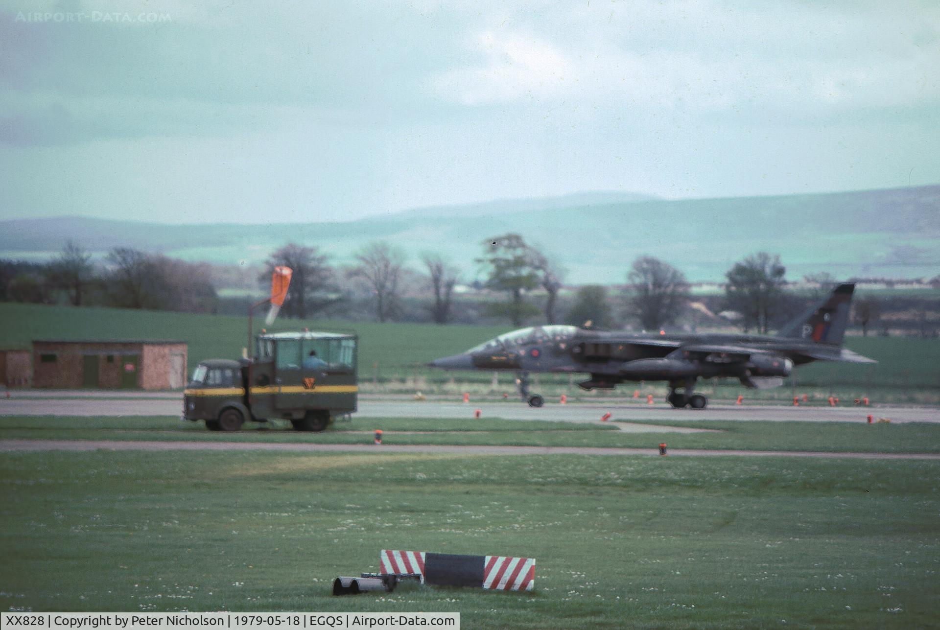 XX828, 1974 Sepecat Jaguar T.2 C/N B.16, Jaguar T.2 of 226 Operational Conversion Unit preparing to take-off at RAF Lossiemouth in May 1979.