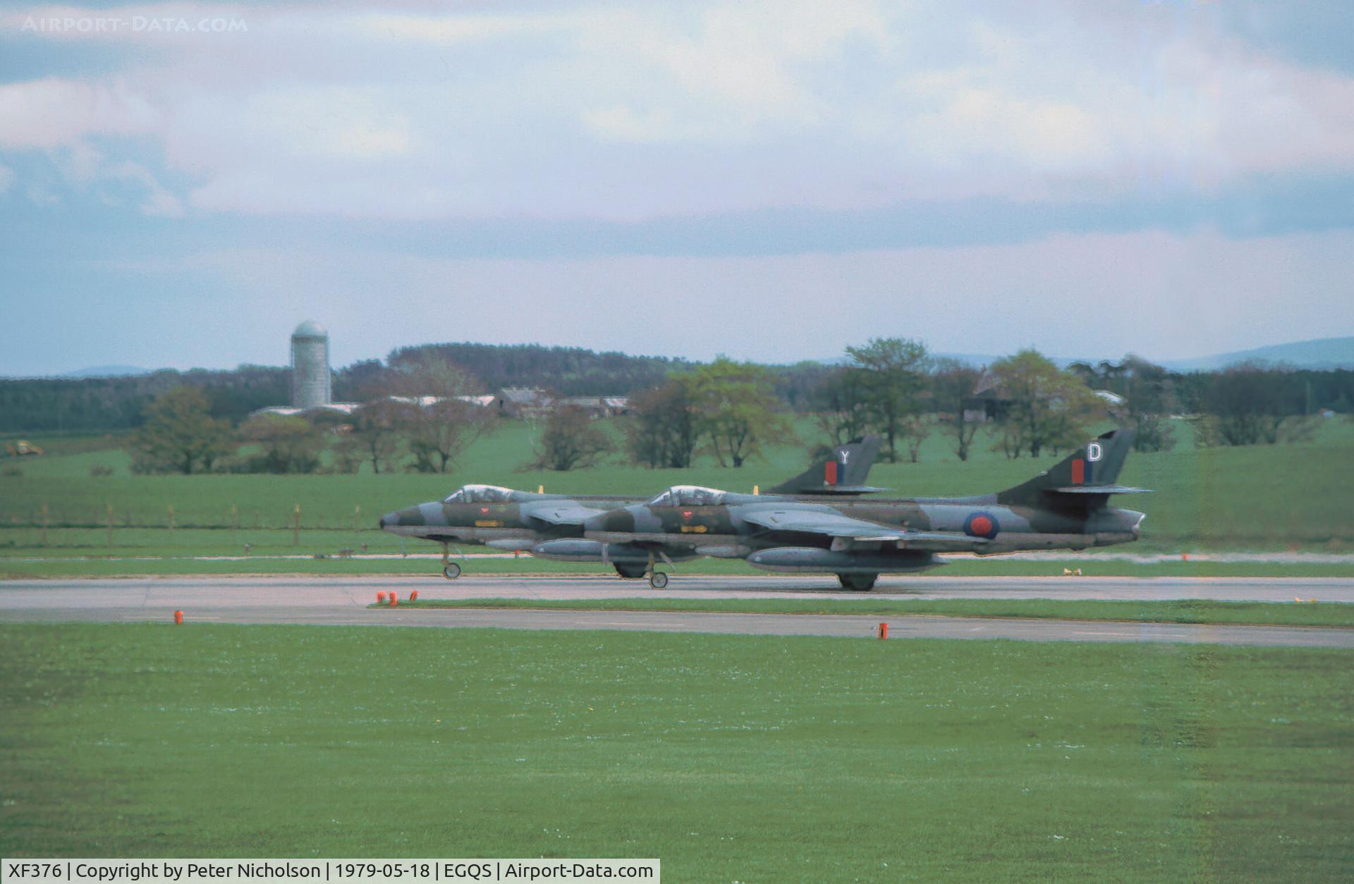 XF376, 1955 Hawker Hunter FGA.9 C/N S4/U/3276, Hunter FGA.9 coded D together with companion XG291 coded Y of 2 Tactical Weapons Unit preparing for take-off at RAF Lossiemouth in May 1979.
