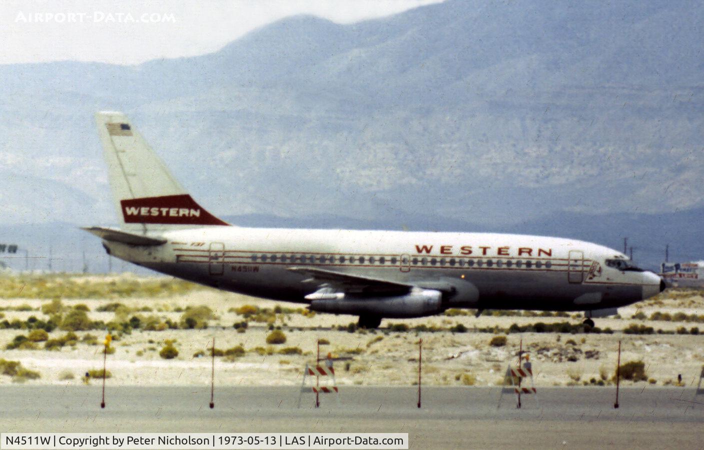 N4511W, 1968 Boeing 737-247 C/N 19608, Boeing 737-247 of Western Airlines arriving at Las Vegas in May 1973.