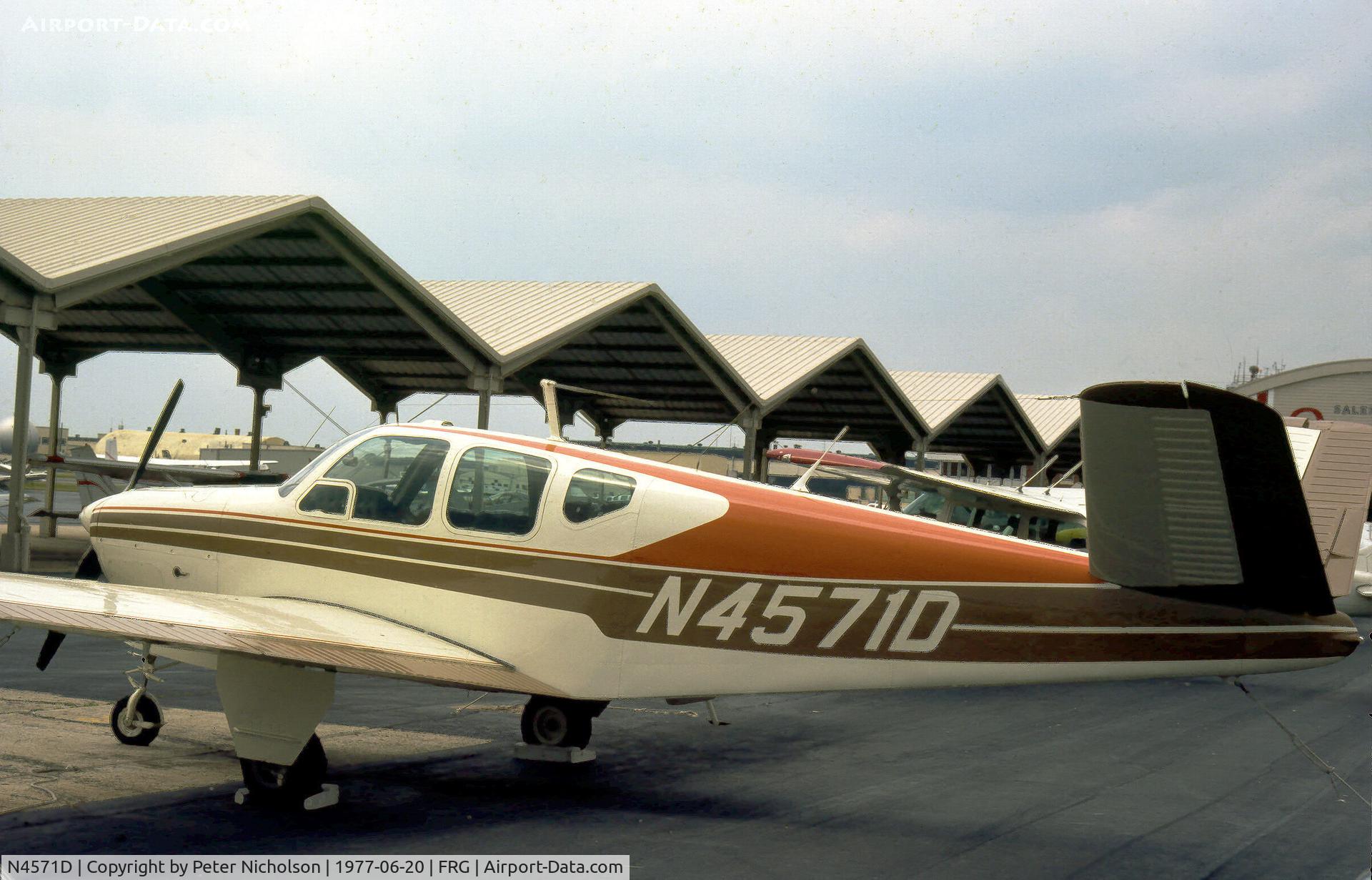 N4571D, 1956 Beech G35 Bonanza C/N D-4732, This Beech G35 Bonanza was resident at Republic Airport on Long Island in the Summer of 1977.