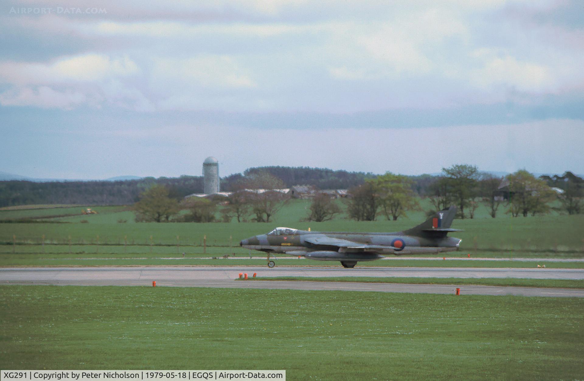 XG291, 1956 Hawker Hunter FGA.9 C/N 41H/680077, Hunter FGA.9 of 2 Tactical Weapons Unit preparing for take-off at RAF Lossiemouth in May 1979.