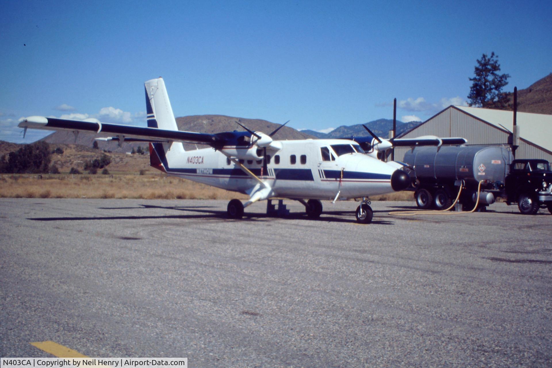 N403CA, De Havilland Canada DHC-6 Twin Otter C/N 598, Taken Sept 1990 at 'Smoke Jumpers' base,  Methow Valley Airport, Winthrop,WA - scanned from original slide.