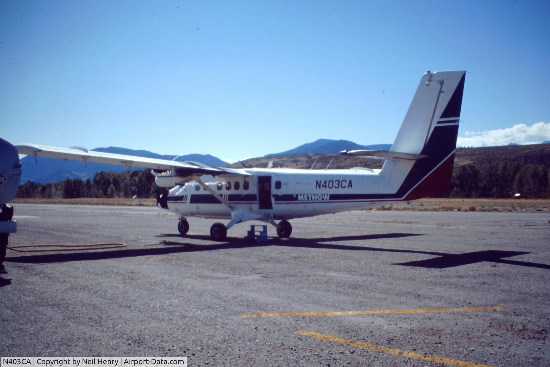 N403CA, De Havilland Canada DHC-6 Twin Otter C/N 598, taken Sept 1990 at Methow Valley Airport ('Smoke Jumpers' base) near Winthrop, WA - scanned from original slide