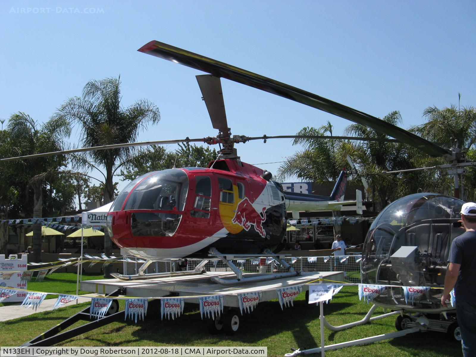 N133EH, 1982 MBB Bo-105CBS-4 C/N S-598, 1982 Messerschmitt-Bolkow-Blohm Gmbh BO105 CBS4 of Red Bull, 2 Rolls Royce Allison 250 C20 Turboshafts 420 shp each. Modified. Only helo approved by FAA for unlimited aerobatics (except outside loops). See in-flight.