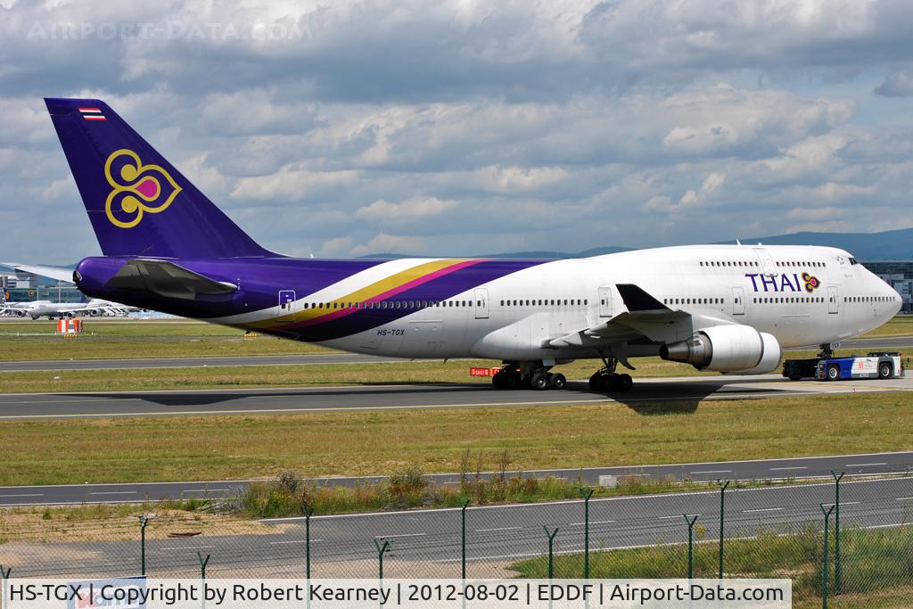 HS-TGX, 1997 Boeing 747-4D7 C/N 27725, Being towed around for parking