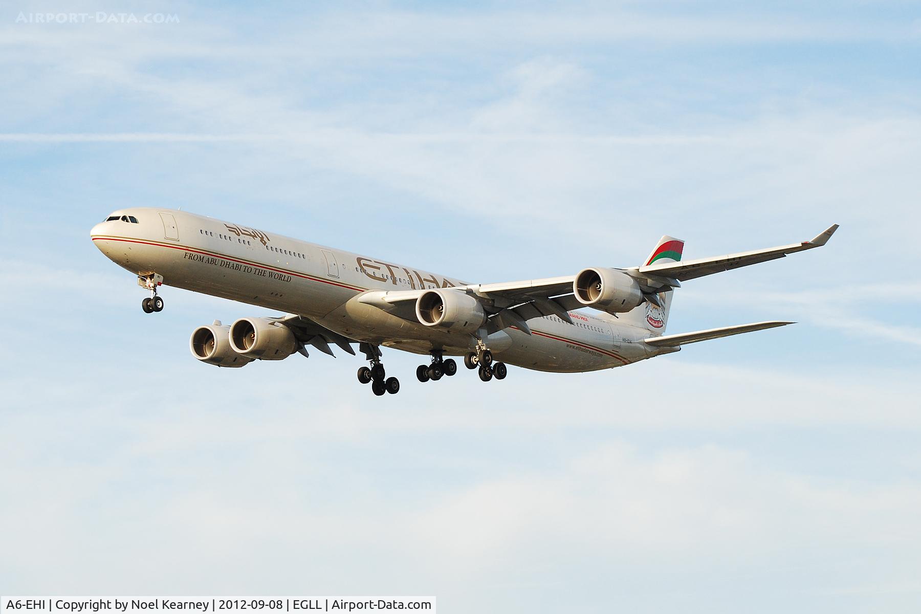 A6-EHI, 2008 Airbus A340-642X C/N 929, Photographed landing 27R at Heathrow Apt.
