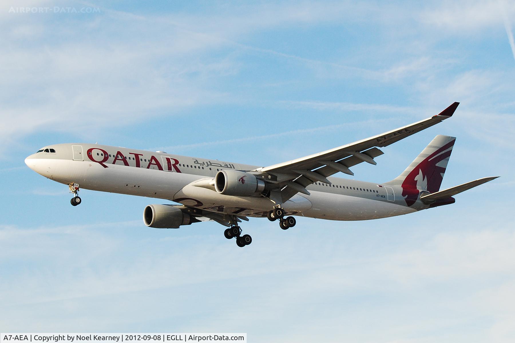 A7-AEA, 2004 Airbus A330-302 C/N 623, Photographed landing 27R at Heathrow Apt.