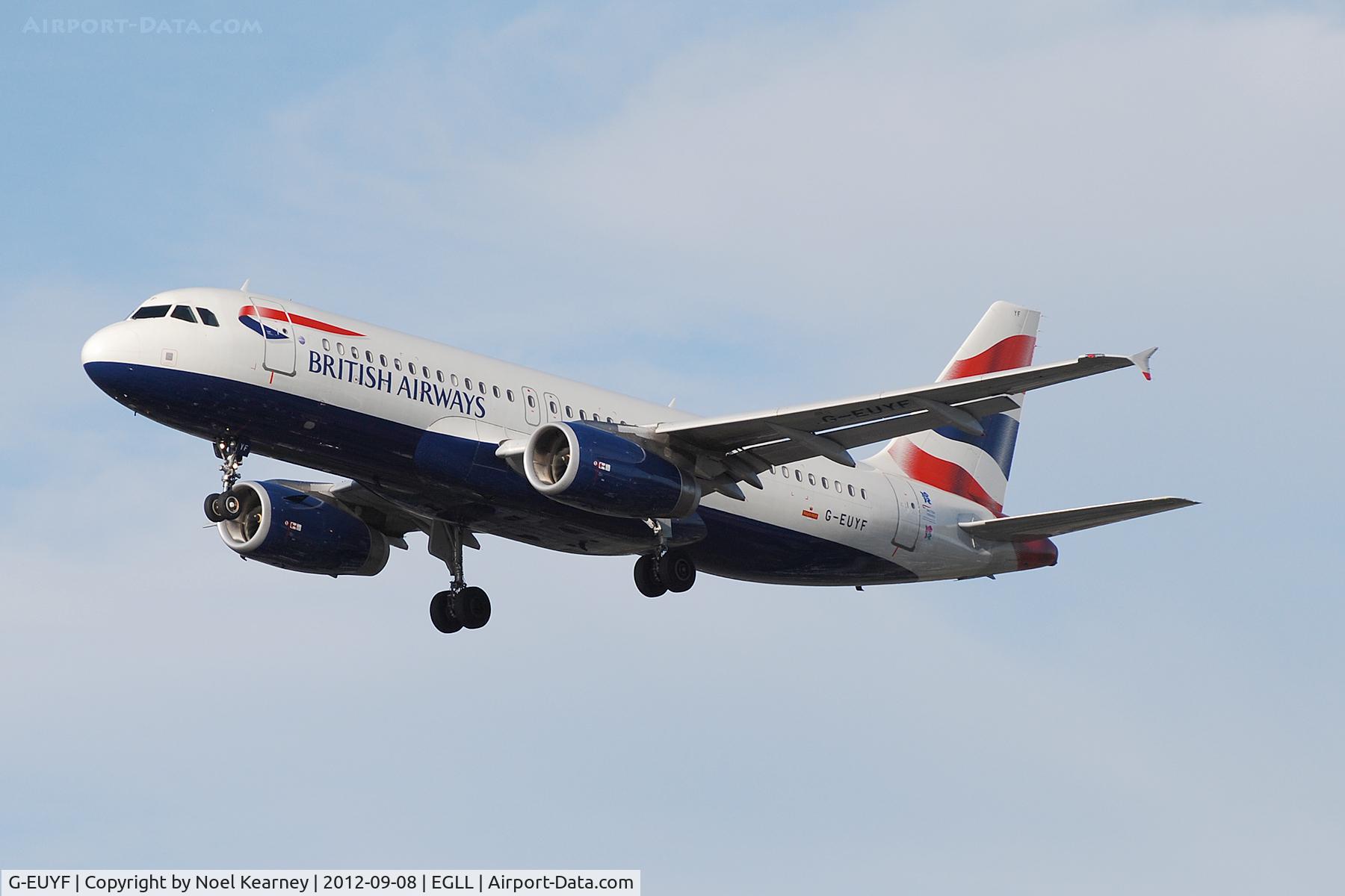 G-EUYF, 2010 Airbus A320-232 C/N 4185, Seen landing Rwy 27R at Heathrow Apt.
