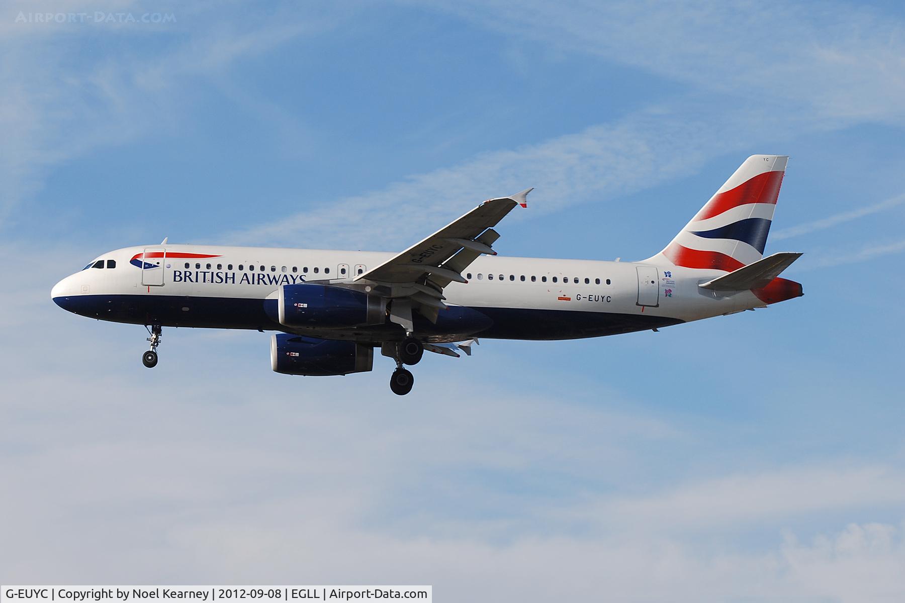 G-EUYC, 2008 Airbus A320-232 C/N 3721, Seen landing Rwy 27R at Heathrow Apt.