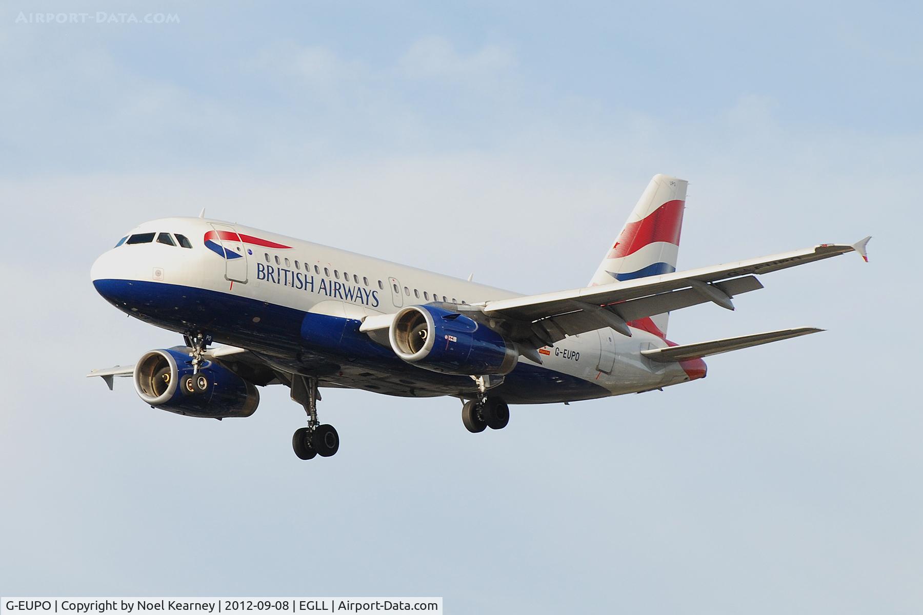 G-EUPO, 2000 Airbus A319-131 C/N 1279, Seen landing Rwy 27R at Heathrow Apt.