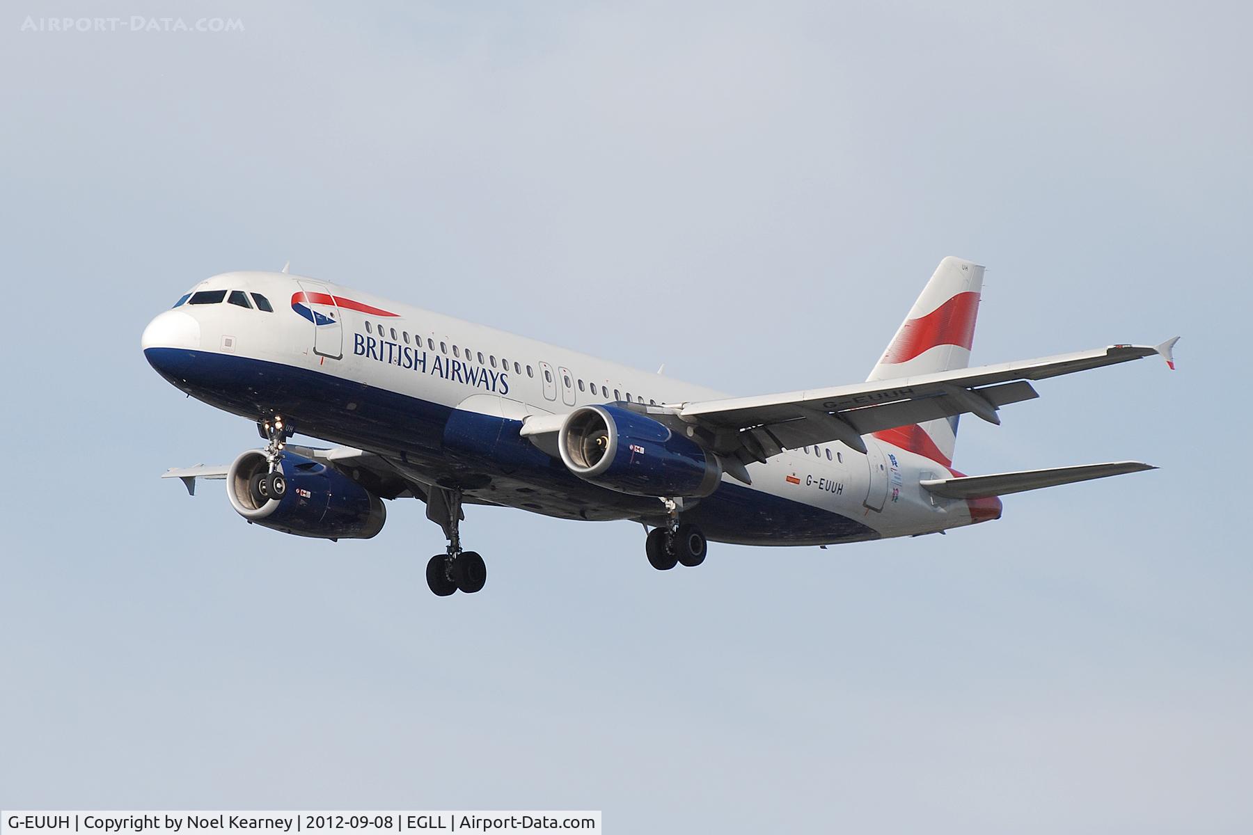 G-EUUH, 2002 Airbus A320-232 C/N 1665, Seen landing Rwy 27R at Heathrow Apt.