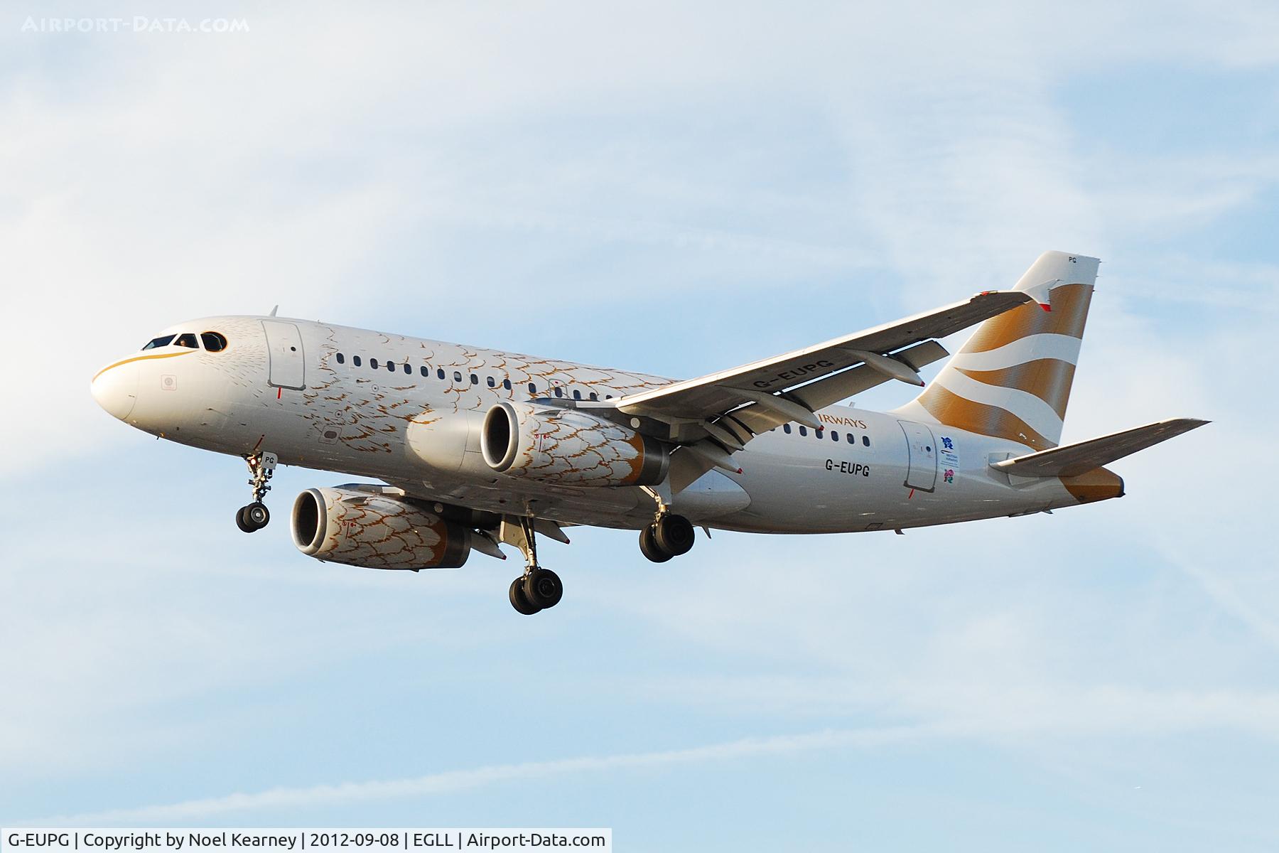 G-EUPG, 2000 Airbus A319-131 C/N 1222, Seen landing Rwy 27R at Heathrow Apt.