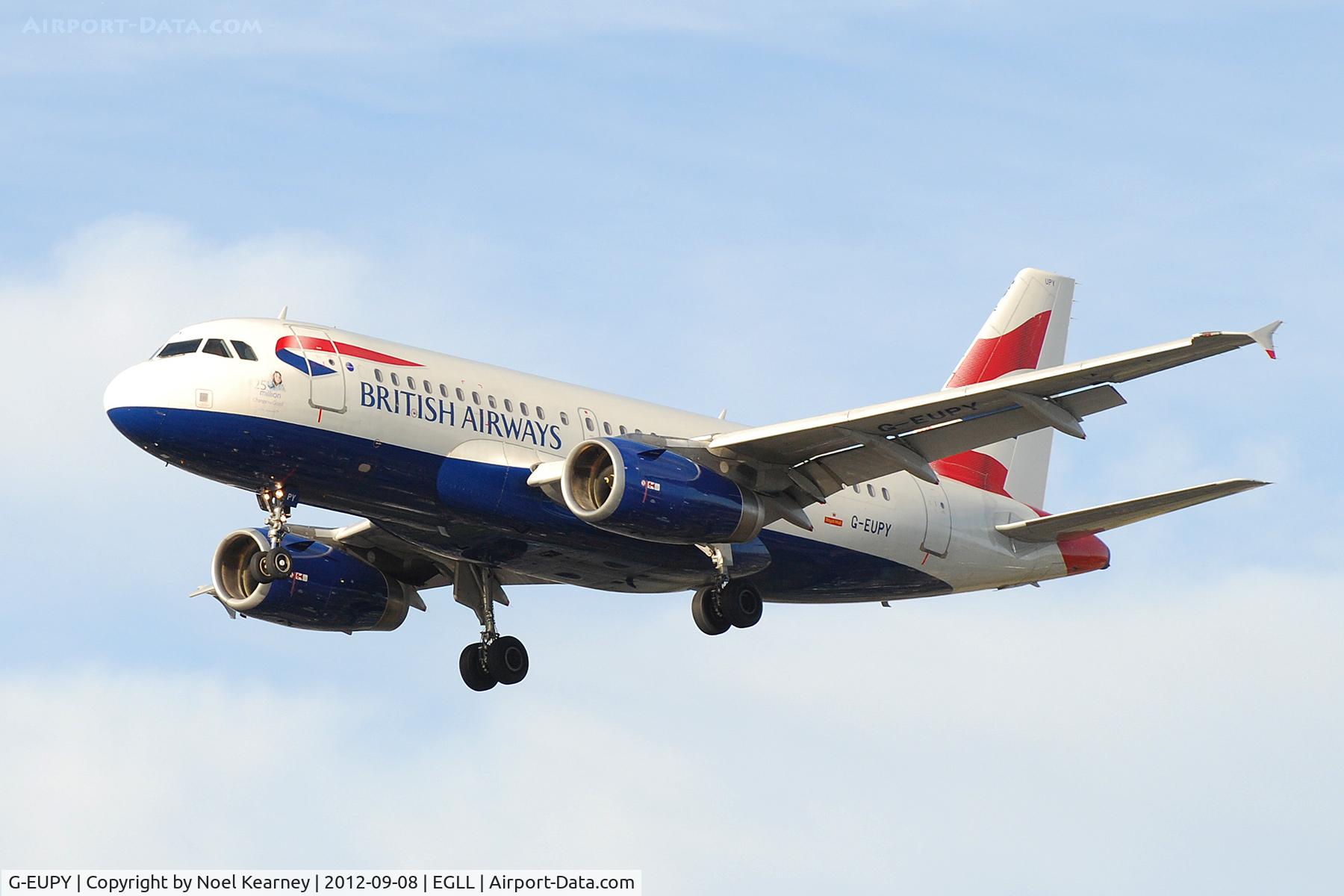 G-EUPY, 2001 Airbus A319-131 C/N 1466, Seen landing Rwy 27R at Heathrow Apt.