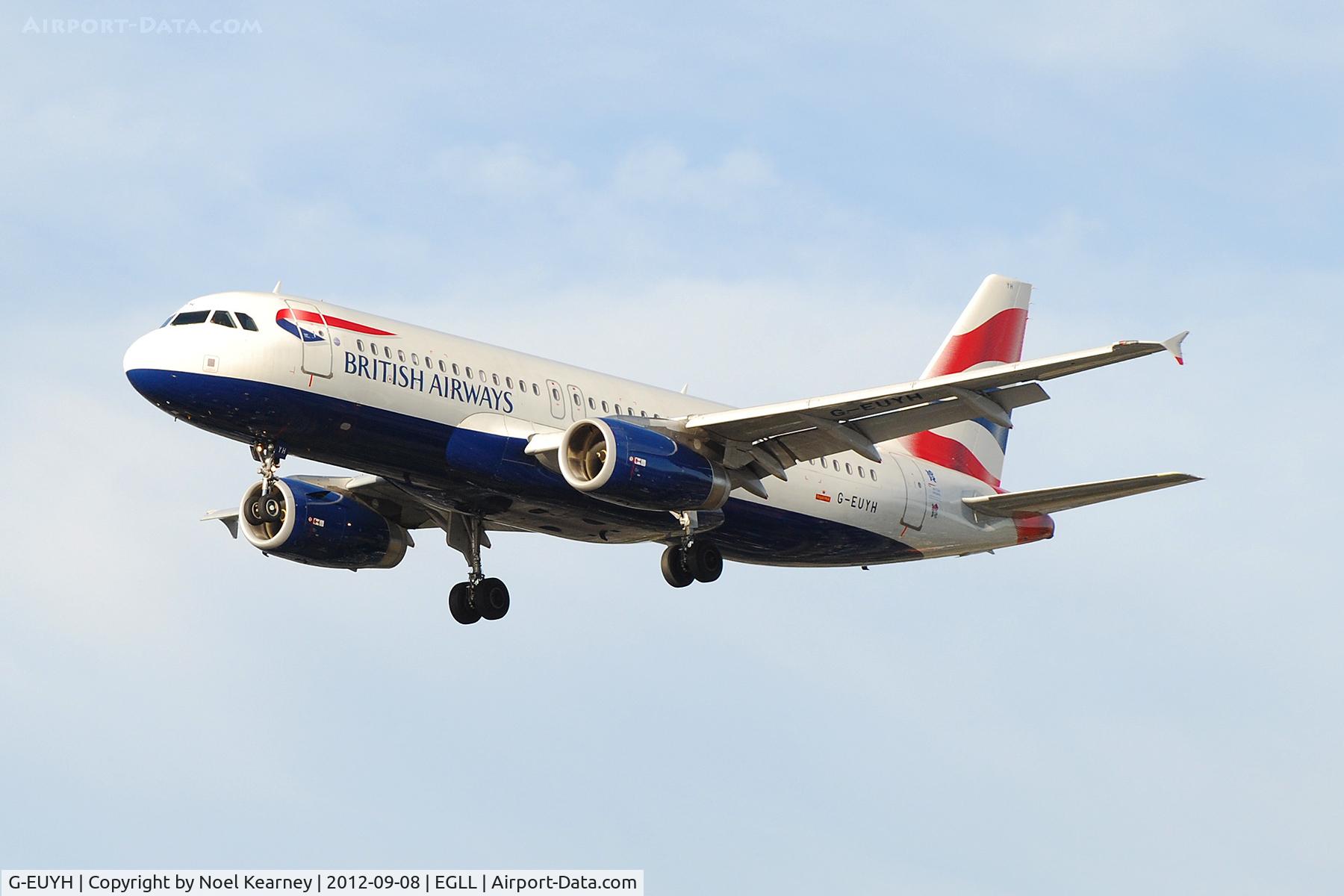 G-EUYH, 2010 Airbus A320-232 C/N 4265, Seen landing Rwy 27R at Heathrow Apt.