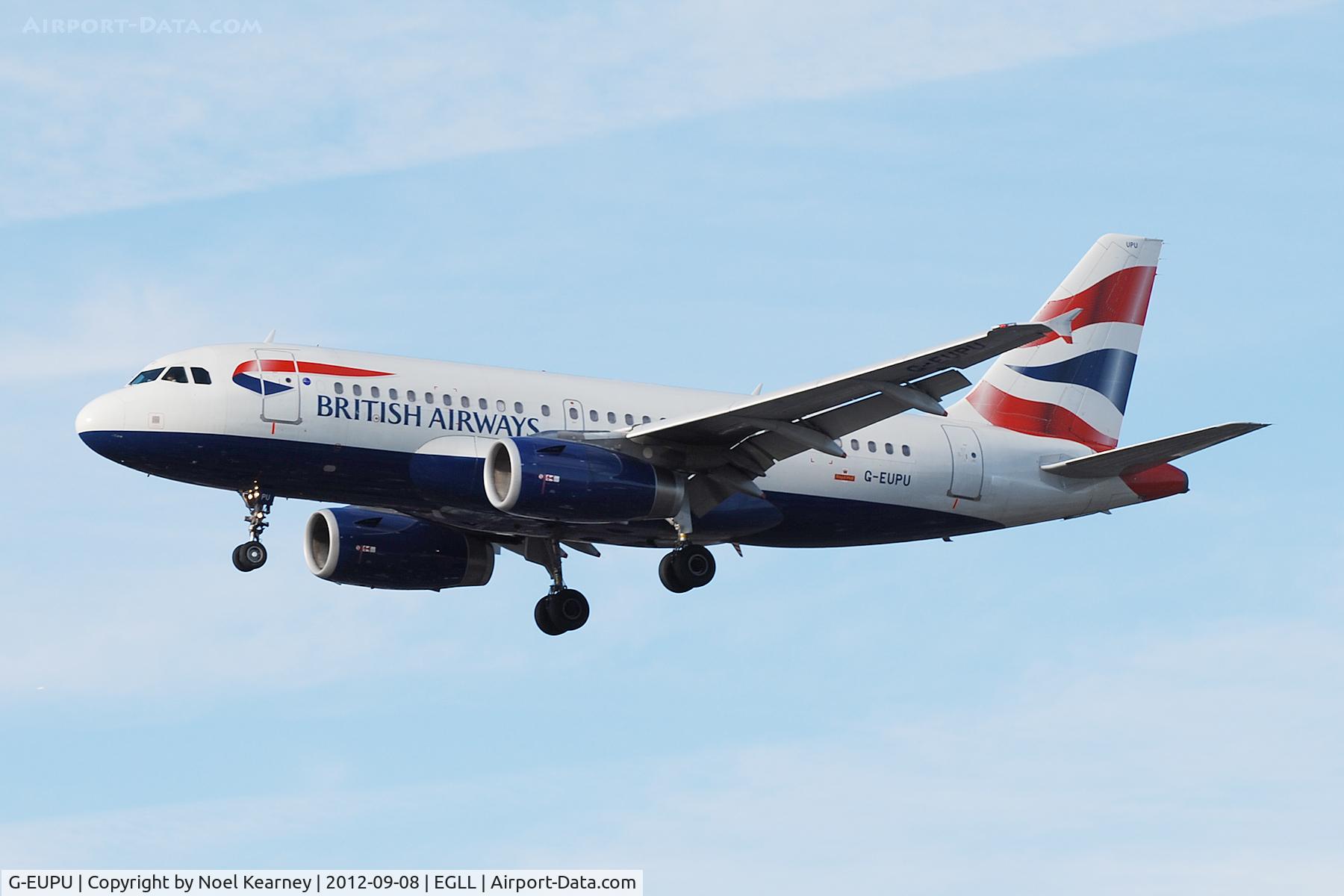 G-EUPU, 2000 Airbus A319-131 C/N 1384, Seen landing Rwy 27R at Heathrow Apt.