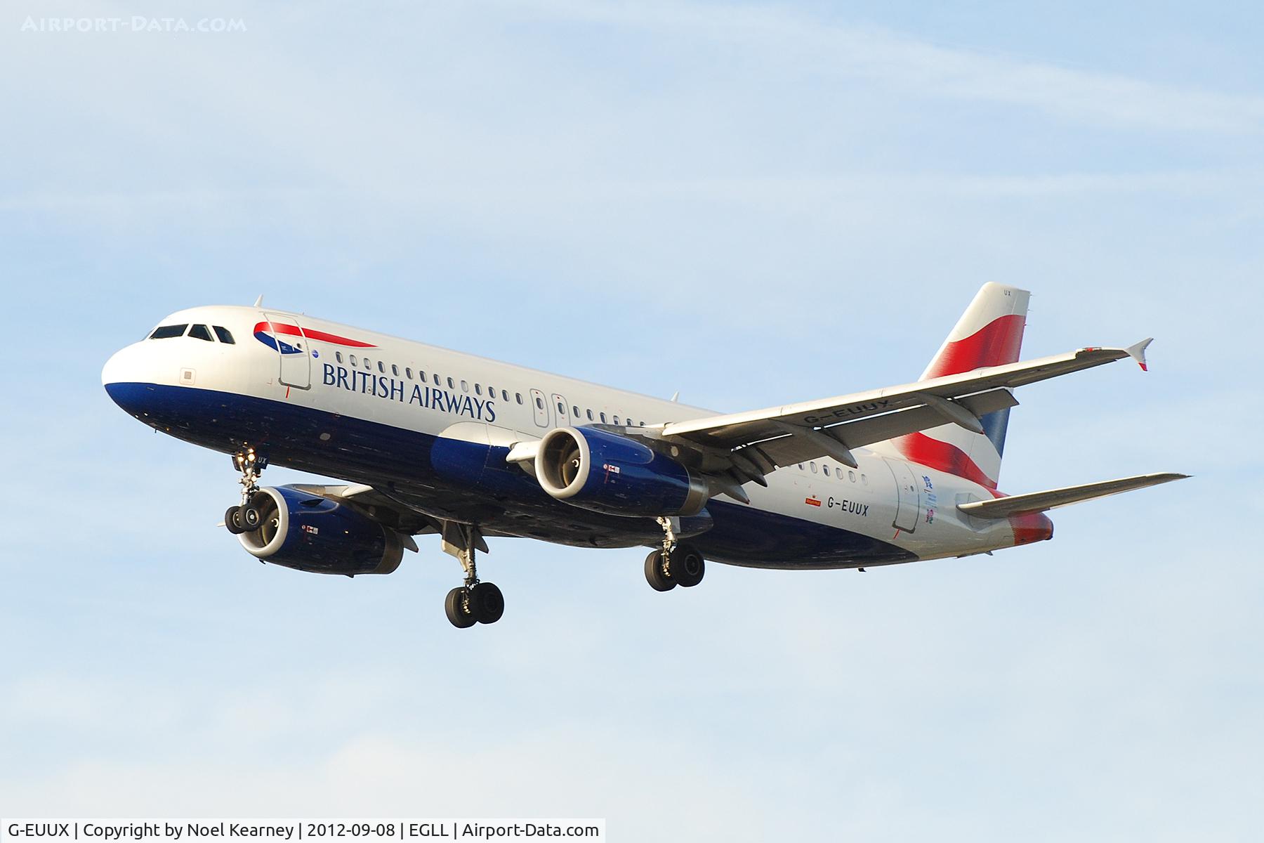 G-EUUX, 2008 Airbus A320-232 C/N 3550, Seen landing Rwy 27R at Heathrow Apt.