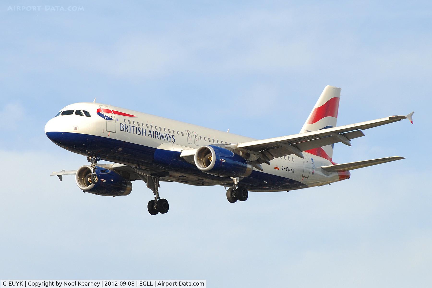 G-EUYK, 2010 Airbus A320-232 C/N 4551, Seen landing Rwy 27R at Heathrow Apt.