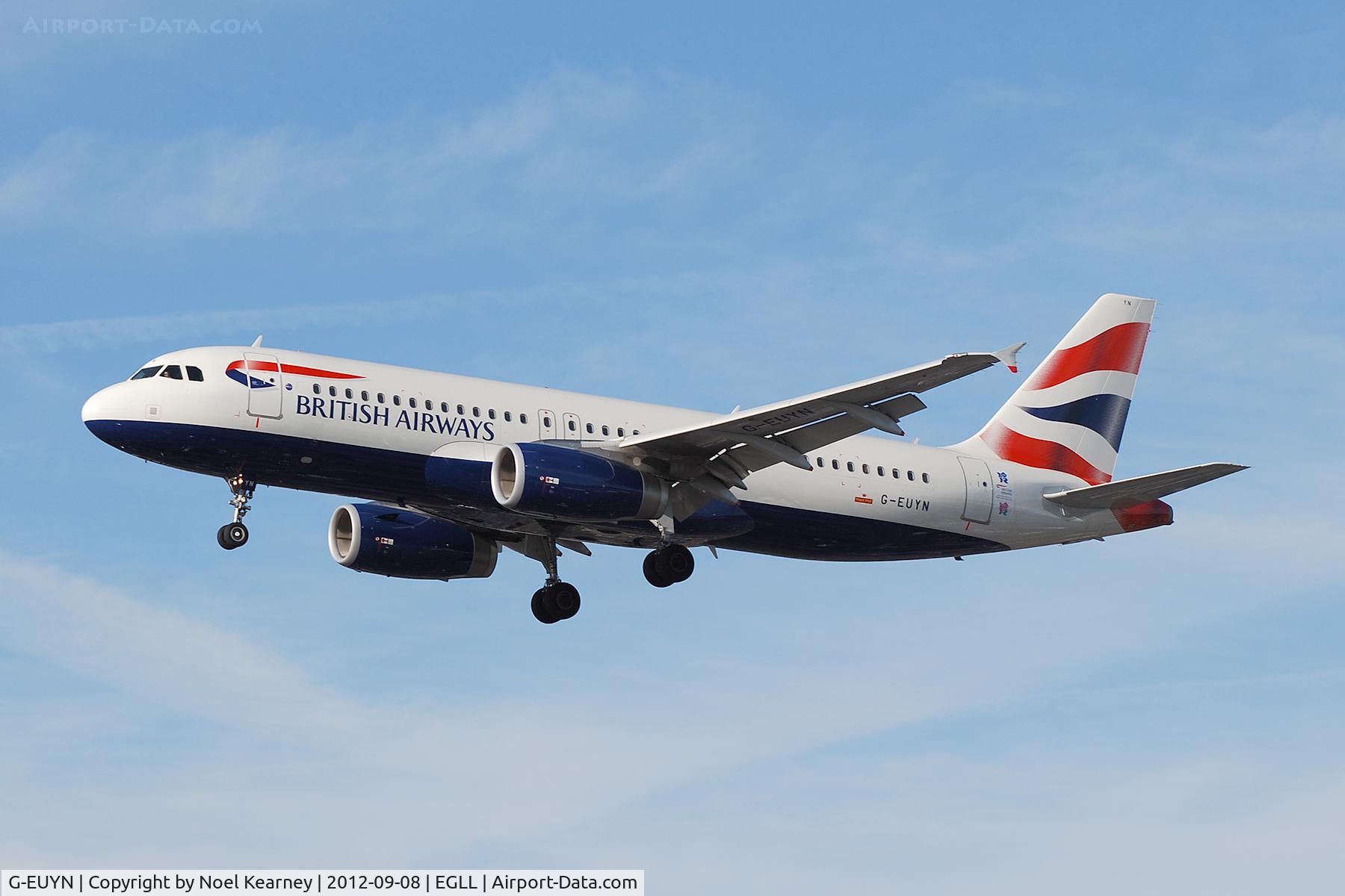 G-EUYN, 2011 Airbus A320-232 C/N 4975, Seen landing Rwy 27R at Heathrow Apt.