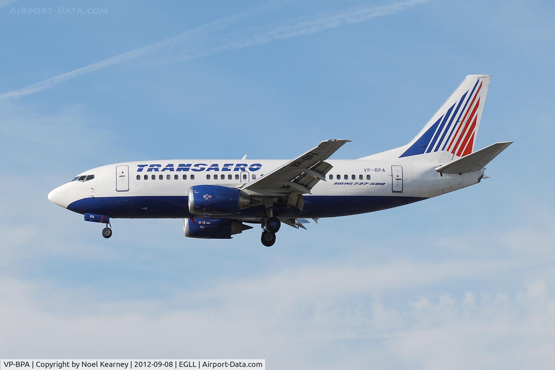 VP-BPA, 1991 Boeing 737-5K5 C/N 25037, Seen landing Rwy 27R at Heathrow Apt.