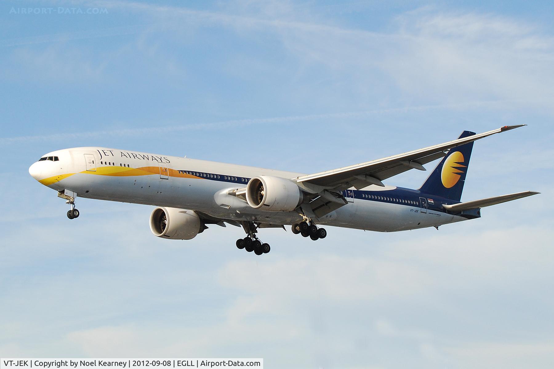 VT-JEK, 2008 Boeing 777-35R C/N 35165/696, Seen landing Rwy 27R at Heathrow Apt.