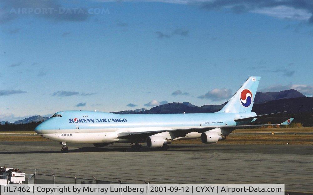 HL7462, 1997 Boeing 747-4B5F/SCD C/N 26406, On the ramp at Whitehorse, Yukon, after being redirected there following the airspace closure that went into effect after the terror attacks on the morning of September 11, 2001. The much more famous Korean Air Flight 85 was parked far to the left.