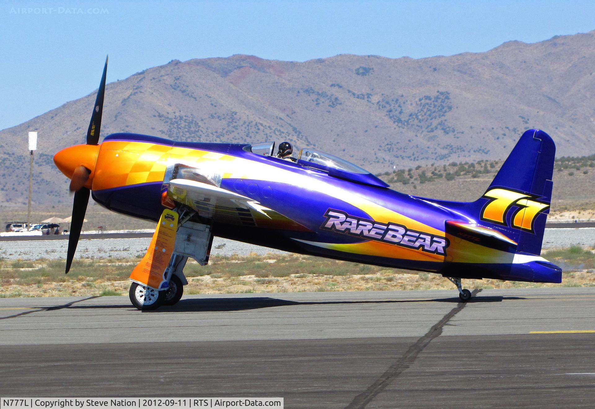 N777L, 1946 Grumman F8F-2 (G58) Bearcat C/N D.1170, Stewart Dawson piloting psychedelic F8F-2 RARE BEAR #77 after qualifying run @ on September 11, 2012 at Stead Airport during Reno Air Races
