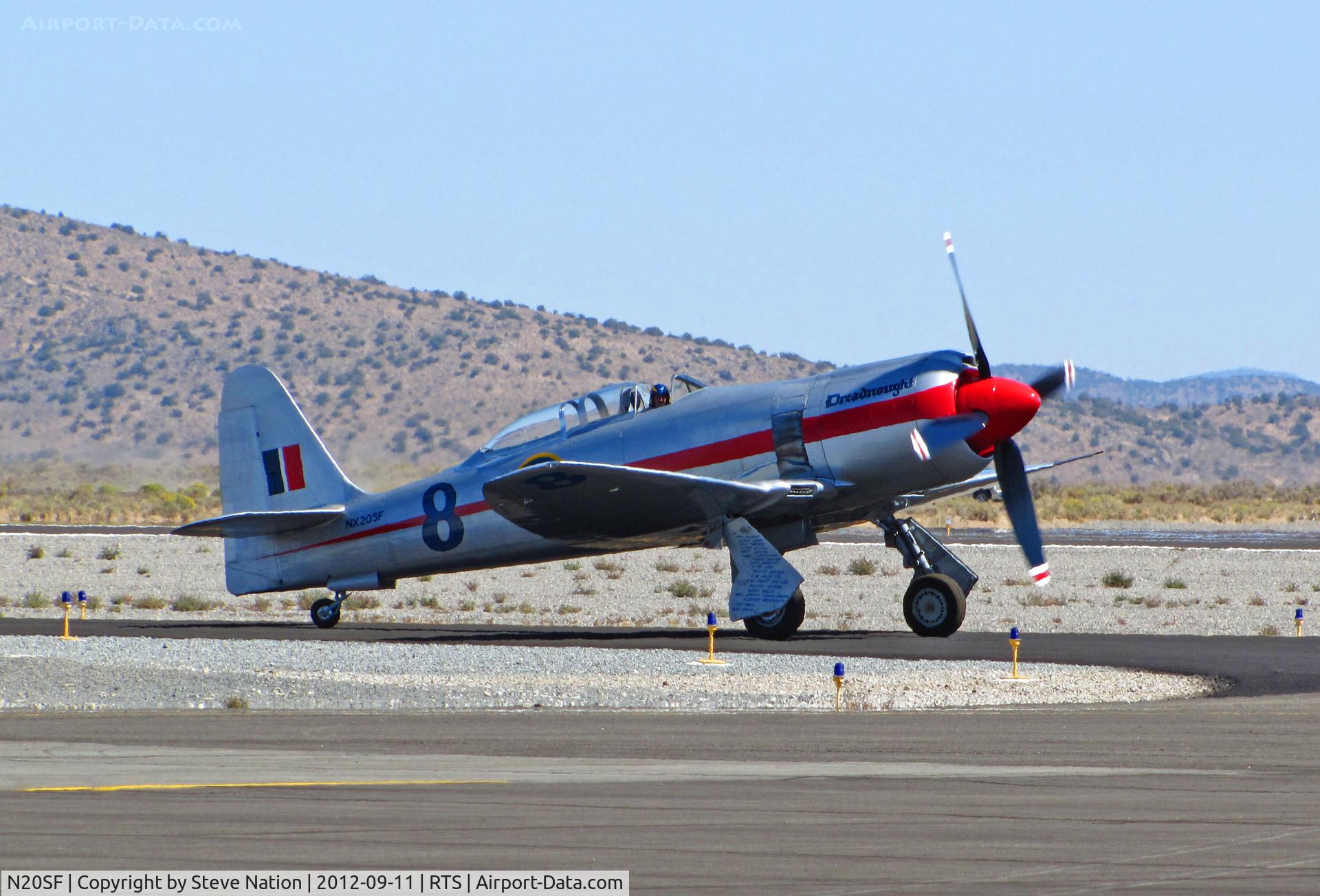N20SF, 1956 Hawker Sea Fury T.20 C/N ES.9505, Dennis Sanders in Sea Fury T Mk 20 Race #8 DREADNOUGHT after morning qualifying run @ on September 11, 2012 at Stead Airport during Reno Air Races