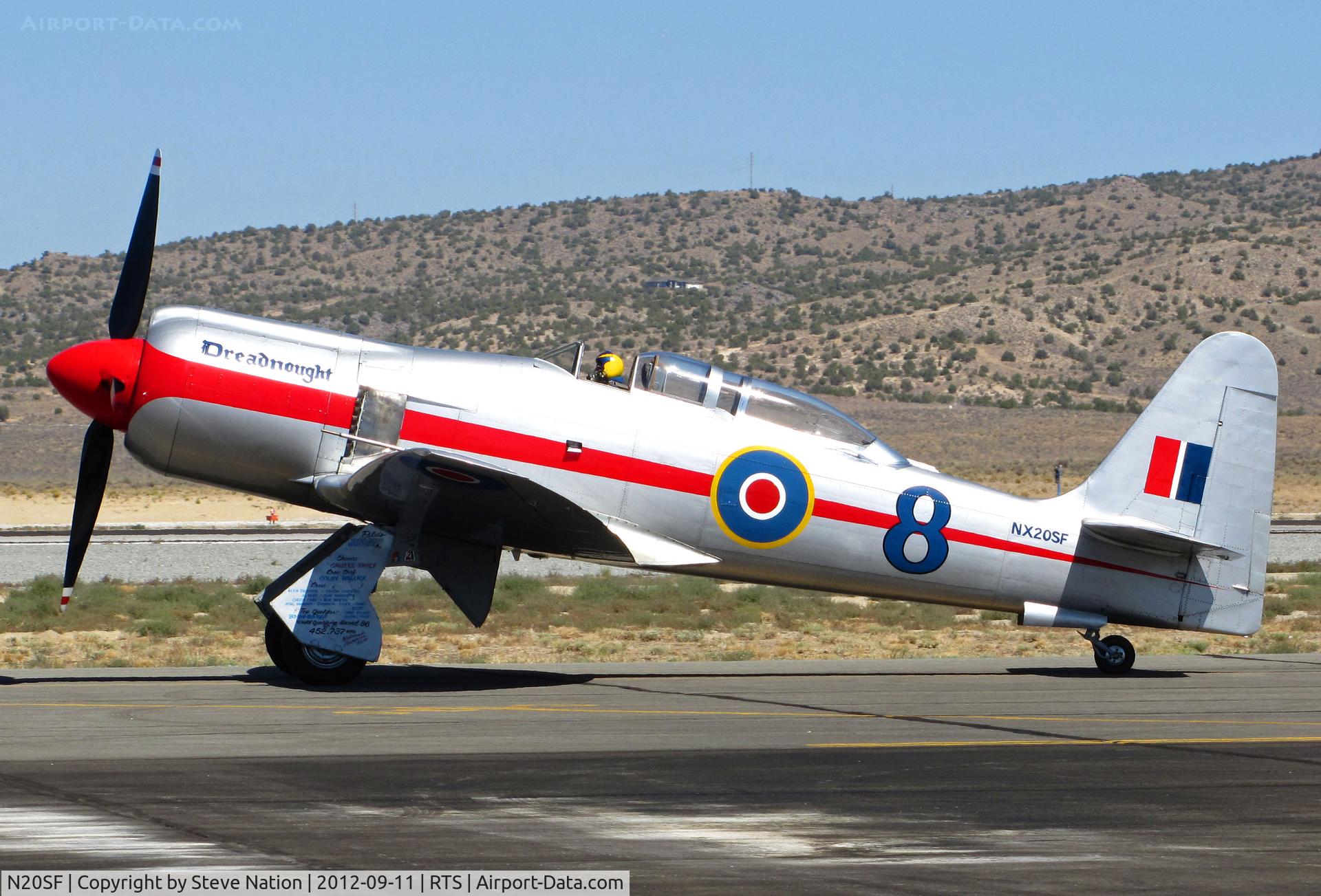 N20SF, 1956 Hawker Sea Fury T.20 C/N ES.9505, Dennis Sanders in Sea Fury T Mk 20 Race #8 DREADNOUGHT after morning qualifying run @ on September 11, 2012 at Stead Airport during Reno Air Races