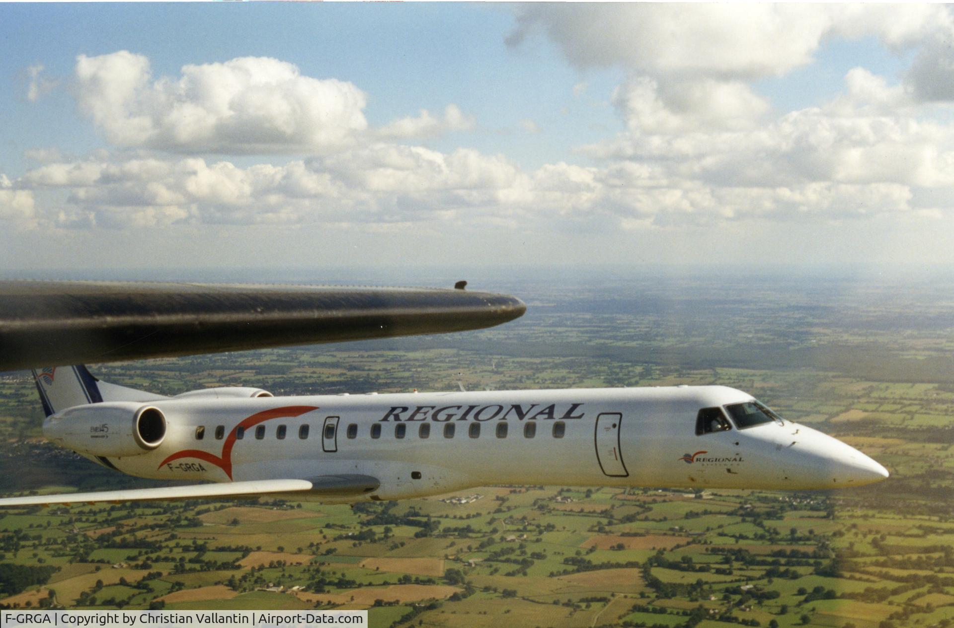 F-GRGA, 1997 Embraer EMB-145EU (ERJ-145EU) C/N 145008, Viewed from the left  gunner window of a B-17