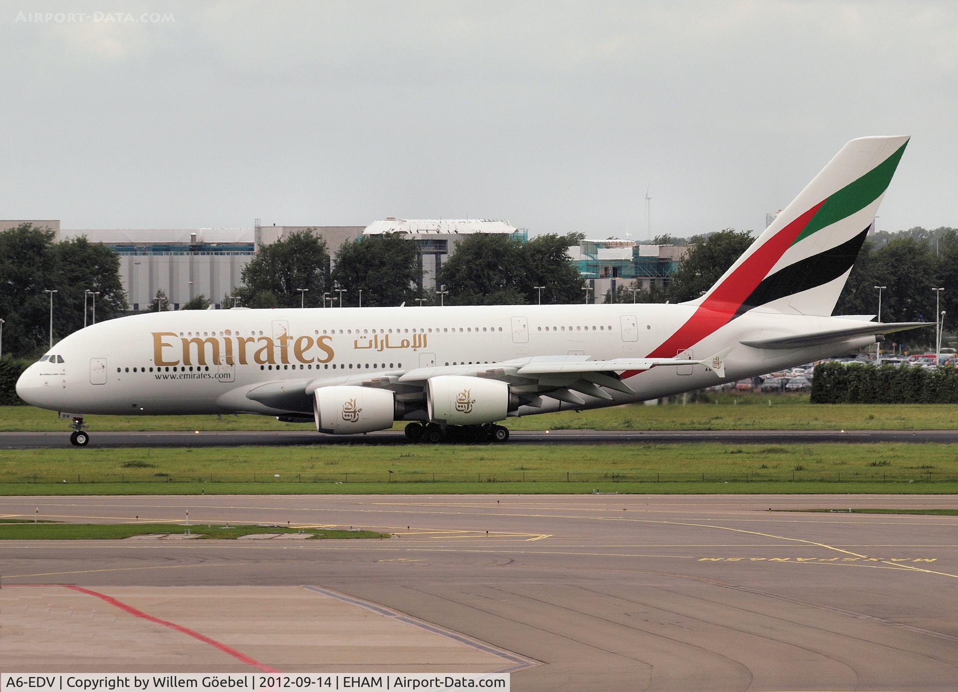 A6-EDV, 2011 Airbus A380-861 C/N 101, Landing on runway 27 of Schiphol Airport.
