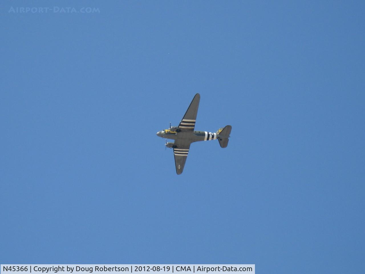 N45366, 1943 Douglas C-53D-DO Skytrooper (DC-3A) C/N 11757, 1943 Douglas C53D SKYTROOPER 'D-Day Doll', two Curtiss-Wright R-1820-56 radials 1,200 Hp each, overflight 26 with Invasion Stripes well shown