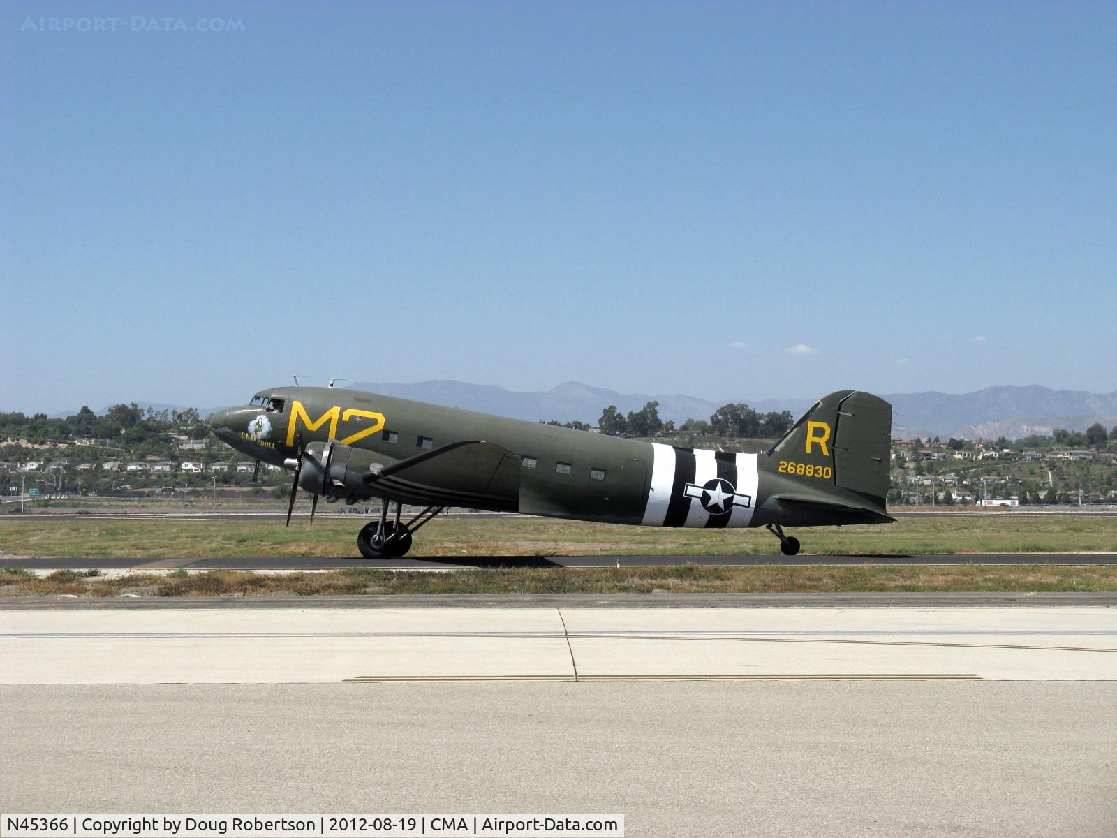 N45366, 1943 Douglas C-53D-DO Skytrooper (DC-3A) C/N 11757, 1943 Douglas C53D SKYTROOPER 'D-Day Doll' of the CAF, two Curtiss-Wright R-1820-56 Cyclone 9 radials 1,200 Hp each, taxi to 26. My first aircraft ride was in a US Navy Douglas R4D version.