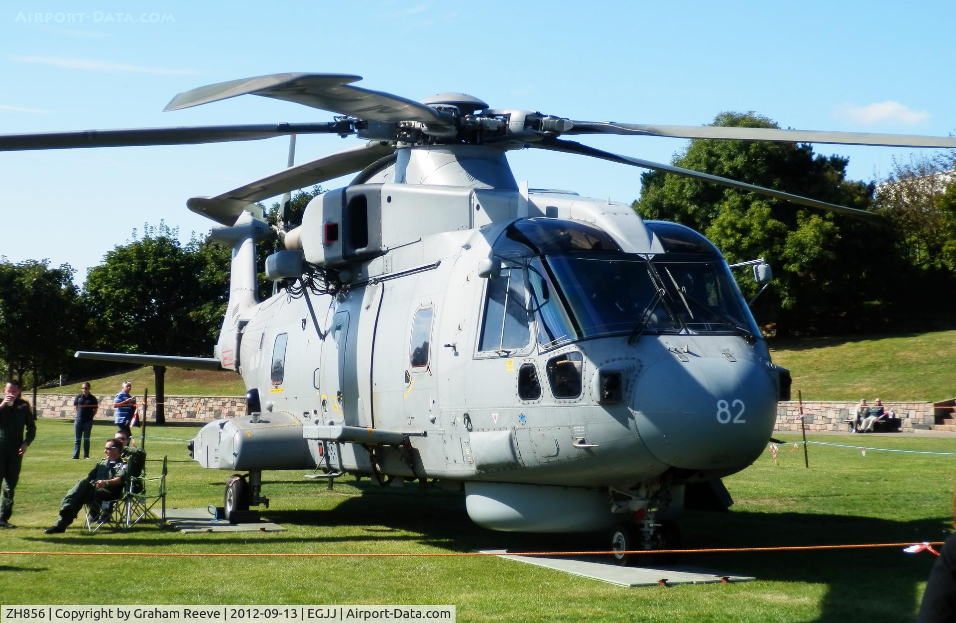 ZH856, 2001 AgustaWestland EH-101 Merlin HM1 (Mk111) C/N 50147/RN36, Parked off airfield at St Helier for the 2012 Jersey Air Show.