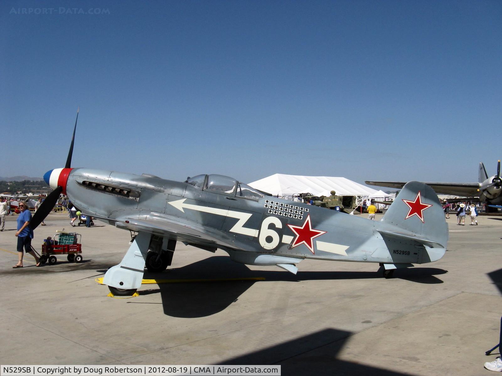 N529SB, 1945 Yakovlev Yak-3M C/N 0470104, 1945 Yakovlev YAK-3M, Klimov VK105 PF-2 V-12 1,300 Hp replica with aluminum wings and Micro vortex generators rather than wooden wings of original. Experimental class at CAF ramp