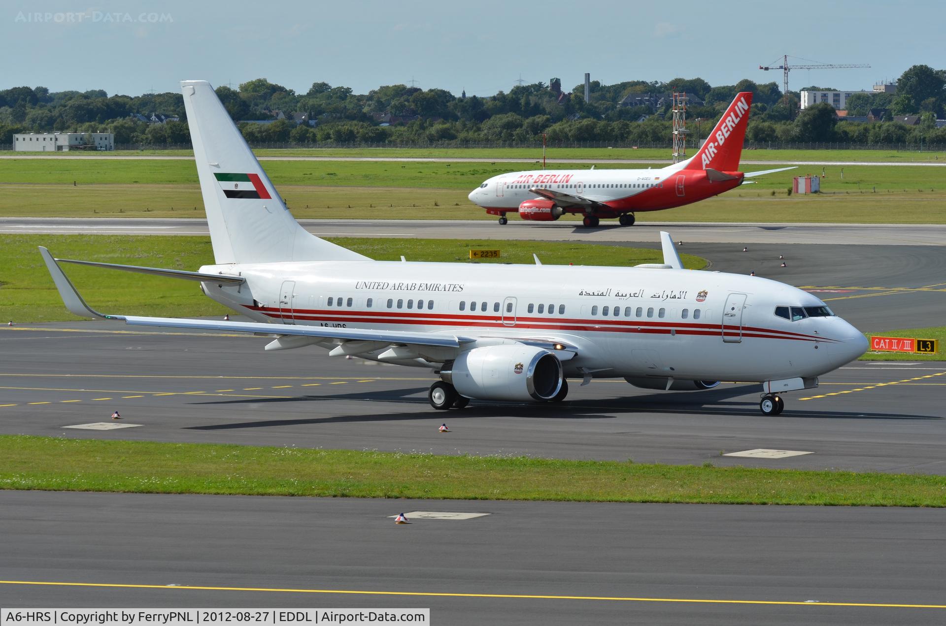 A6-HRS, Boeing 737-7E0 BBJ C/N 29251, Departing DUS after dropping its passengers.
