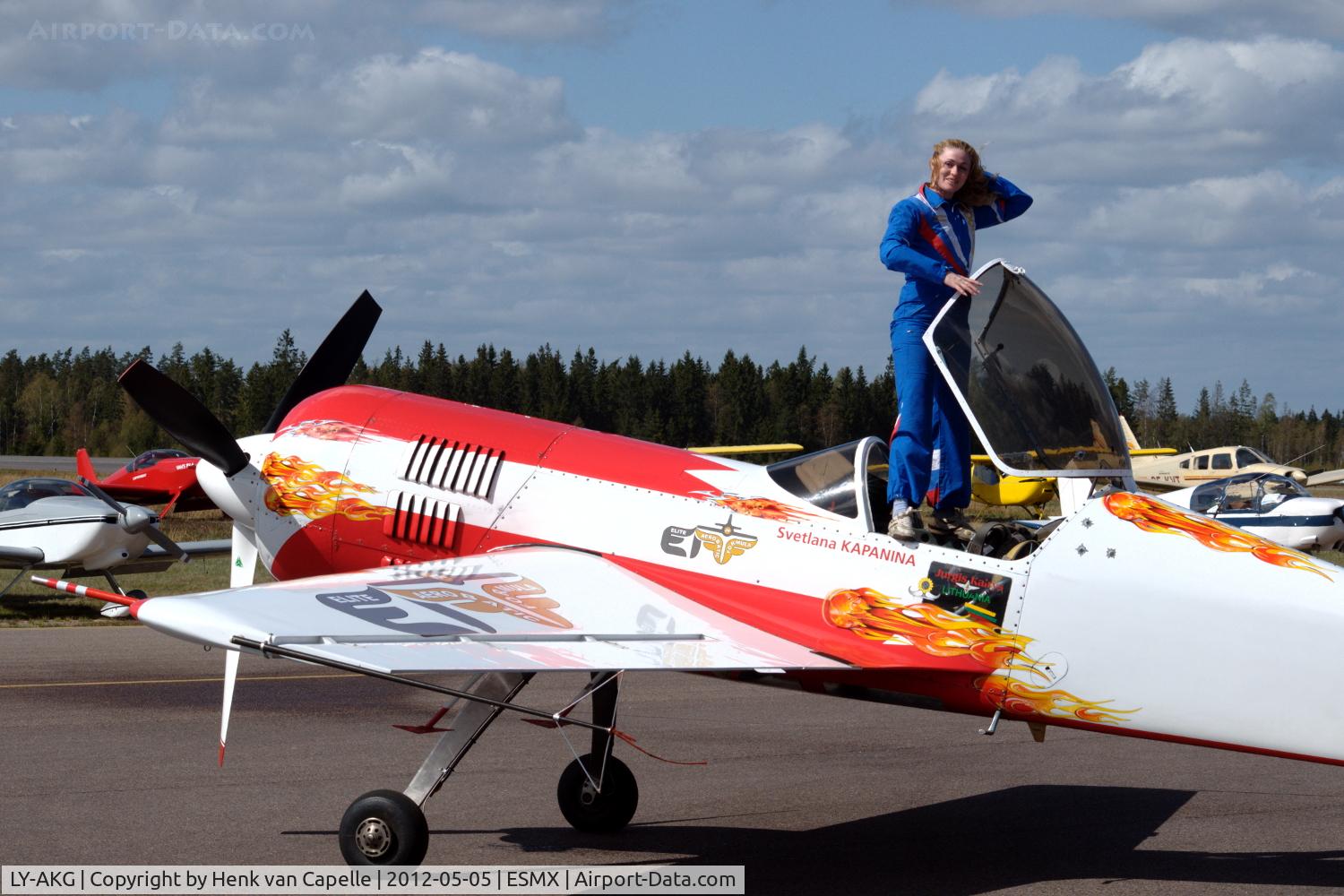 LY-AKG, Sukhoi SU-26M C/N 06-03, Russian aerobatics pilot Svetlana Kapanina after an impressive flight display in Jurgis Kairys' Su-26M.