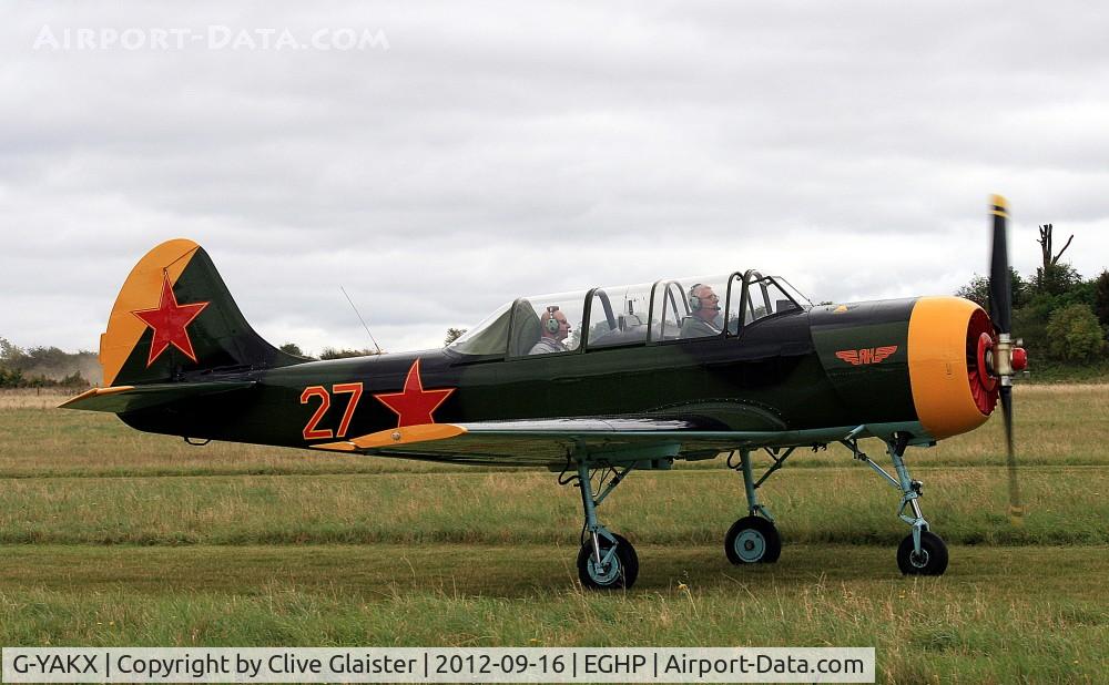 G-YAKX, 1991 Yakovlev (Aerostar) Yak-52 C/N 9111307, Ex: DOSAAF 27 > RA-9111307 > G-YAKX > RA-44473 > G-YAKX - Originally in private hands in March 1996 and currently with, The X-Fliers Ltd since November 2002.
