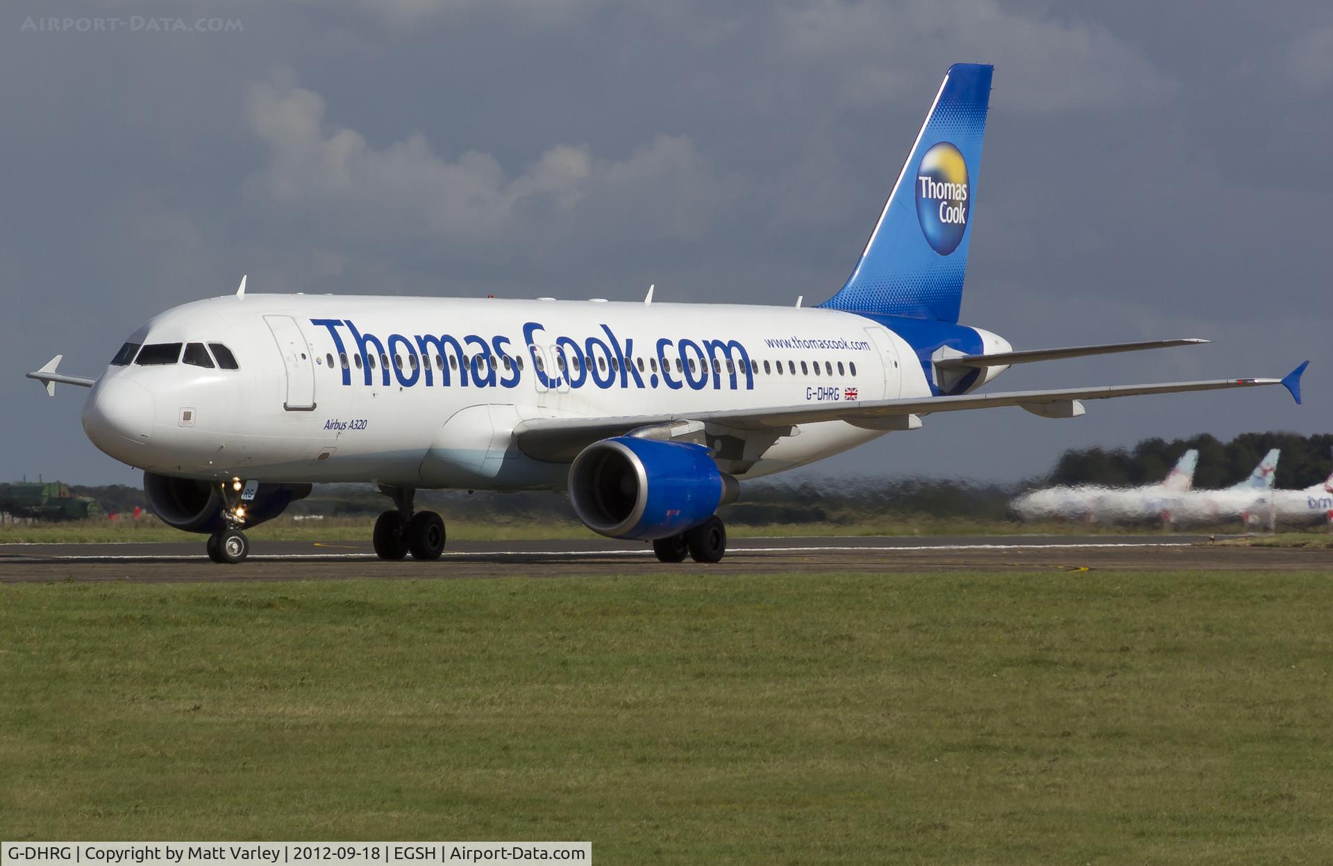 G-DHRG, 2003 Airbus A320-214 C/N 1942, Arriving at EGSH.