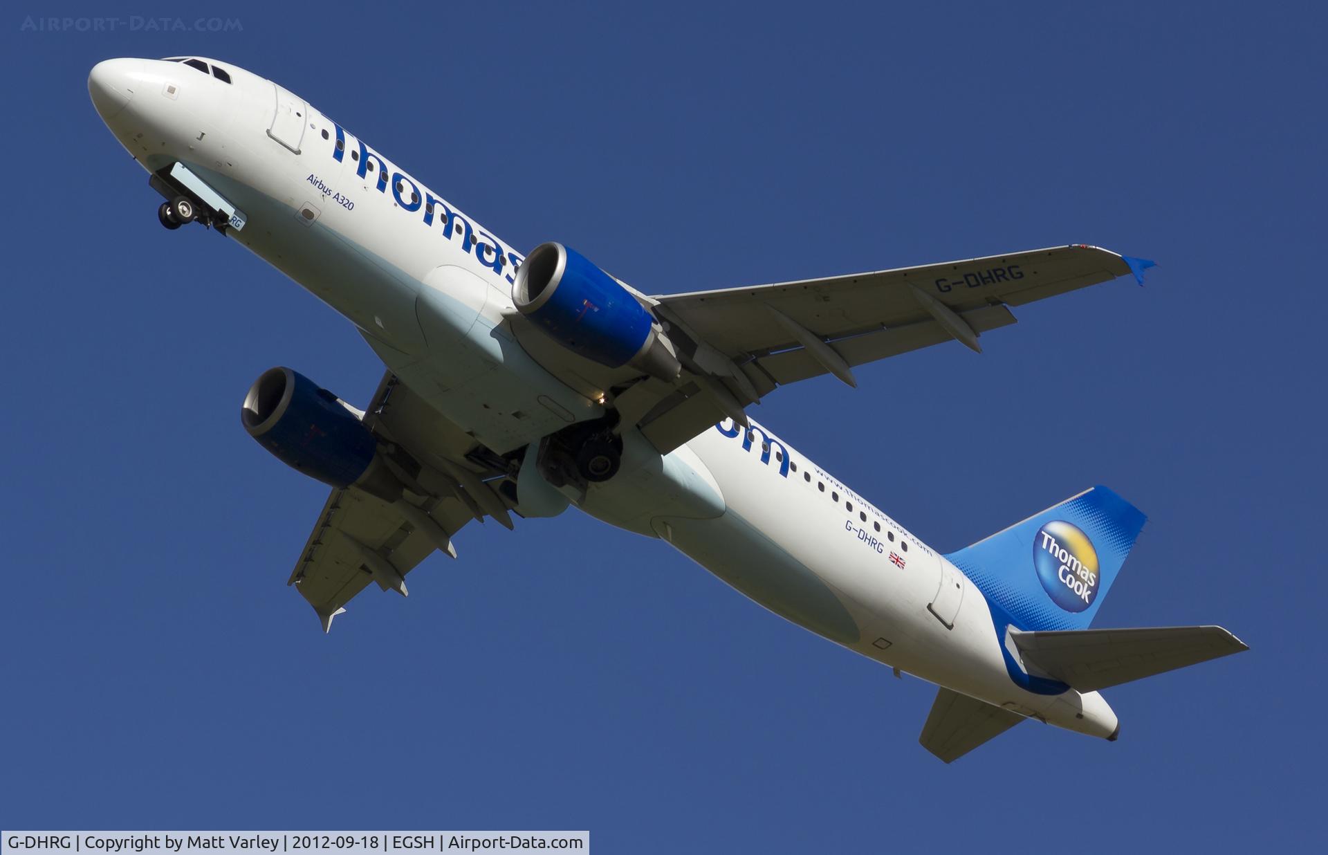 G-DHRG, 2003 Airbus A320-214 C/N 1942, Departing EGSH.