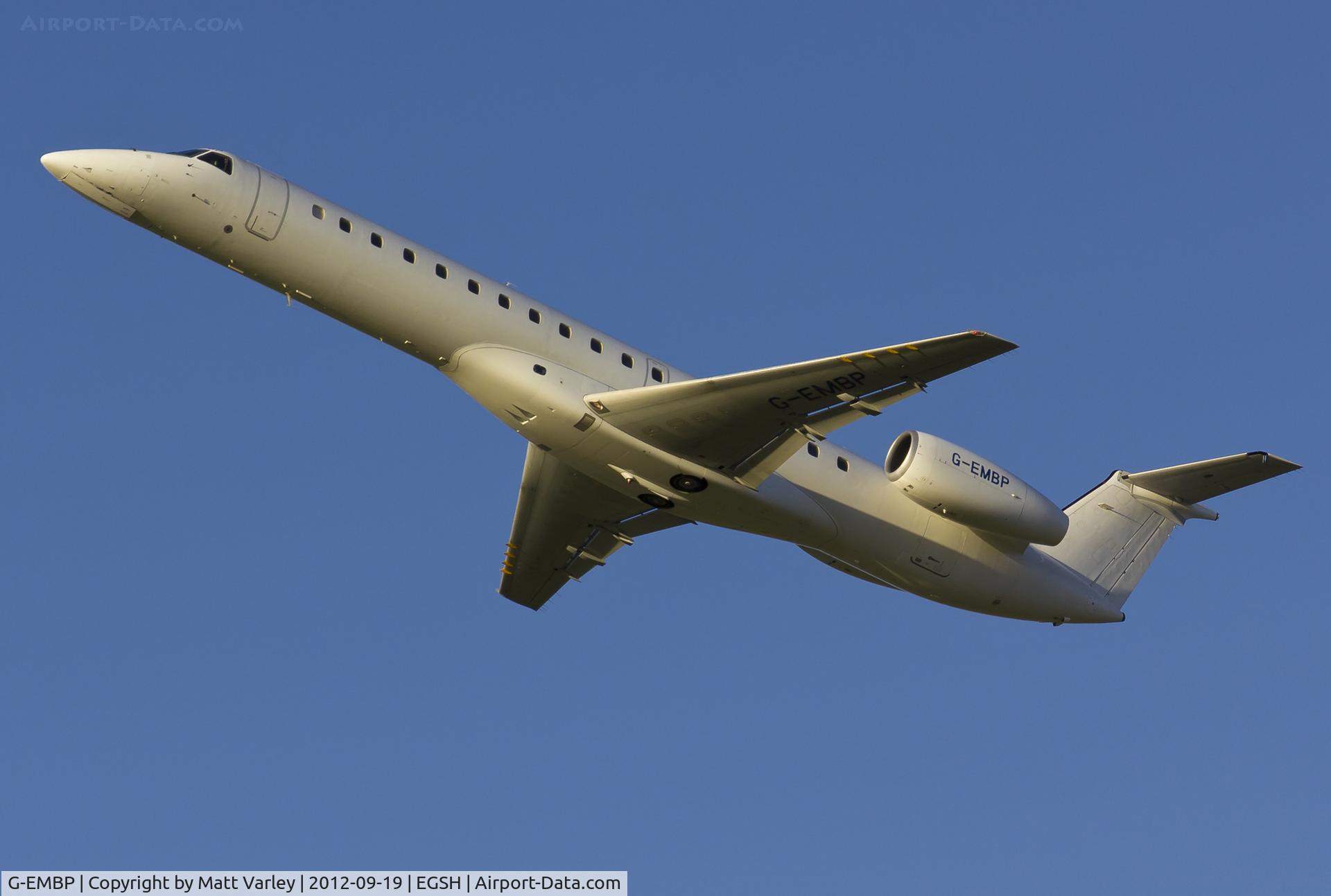 G-EMBP, 2000 Embraer EMB-145EU (ERJ-145EU) C/N 145300, Climbing out of EGSH in the evening sun.