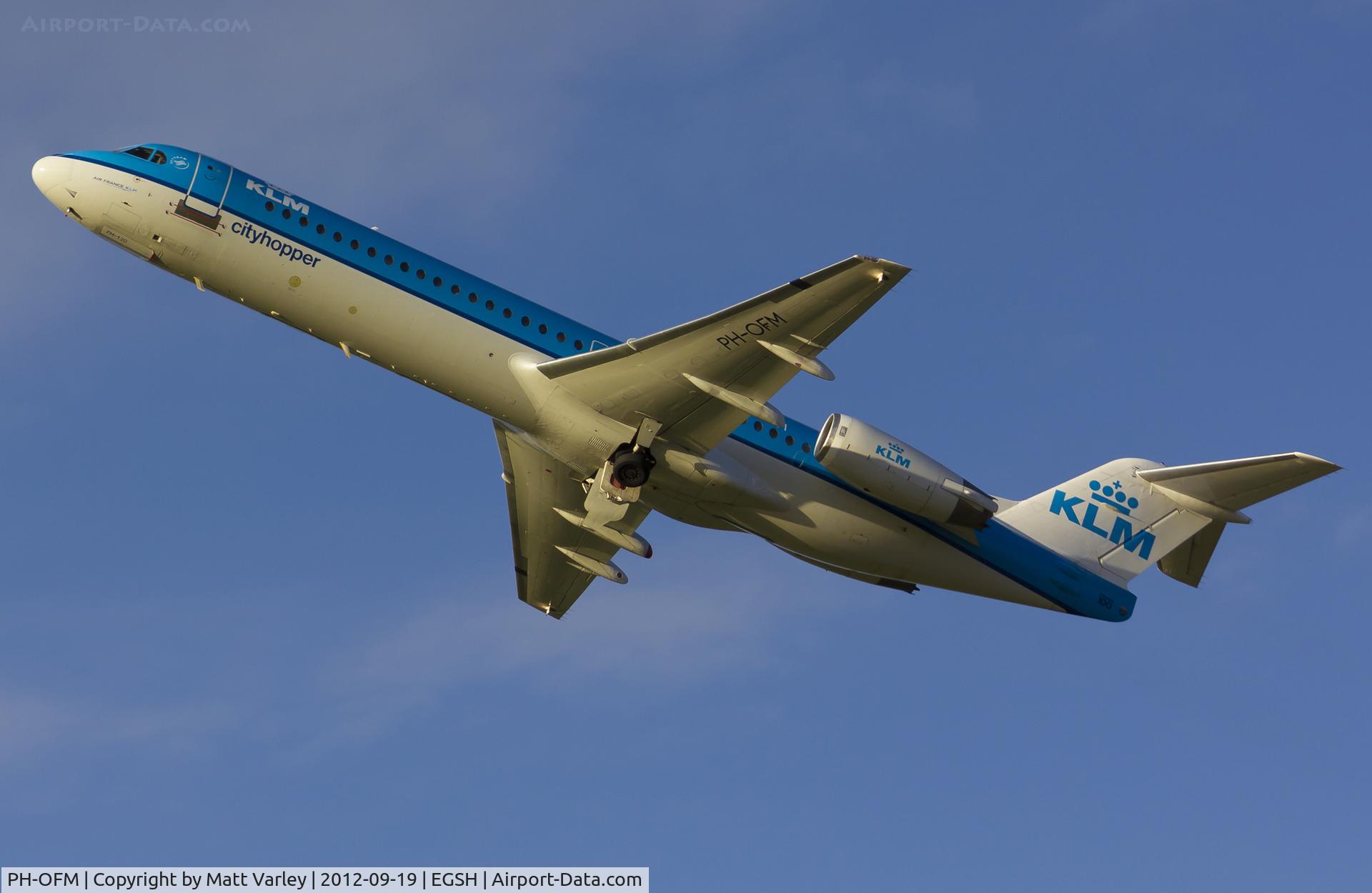 PH-OFM, 1993 Fokker 100 (F-28-0100) C/N 11475, Climbing out of EGSH in the evening sun.