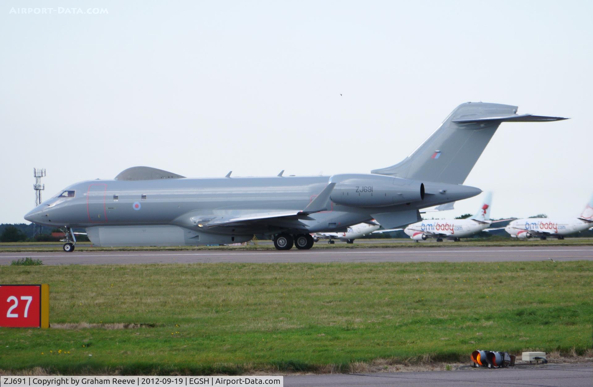 ZJ691, 2002 Bombardier BD-700-1A10 Sentinel R1 C/N 9123, Taking off.