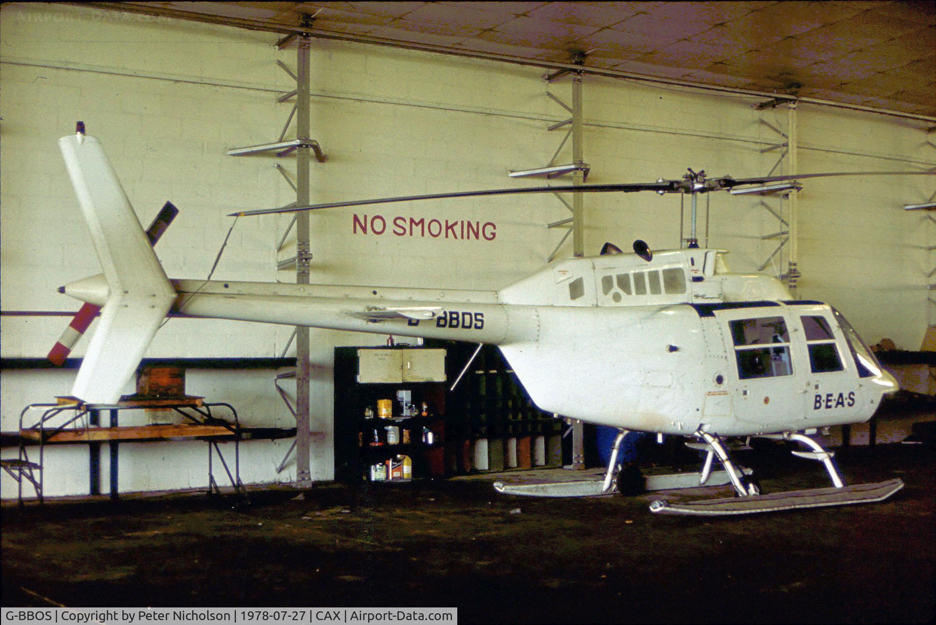G-BBOS, 1973 Bell 206B JetRanger II C/N 1207, Bell 206B JetRanger of British Executive Air Services (BEAS) hangered at Carlisle in the Summer of 1978.
