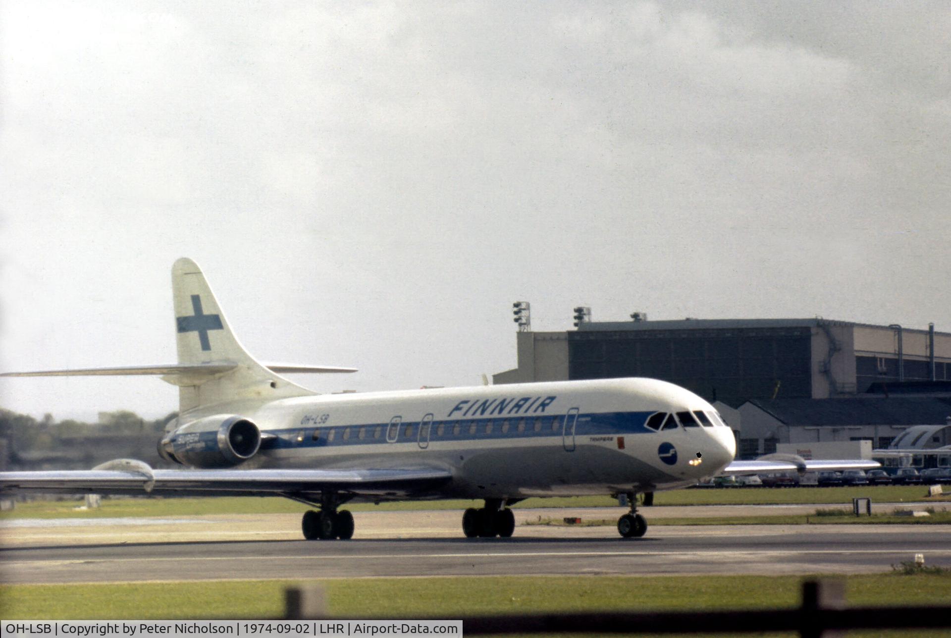 OH-LSB, 1964 Sud Aviation SE-210 Caravelle 10B3 Super B C/N 182, Super Caravelle of Finnair taxying to the active runway at London Heathrow in September 1974.