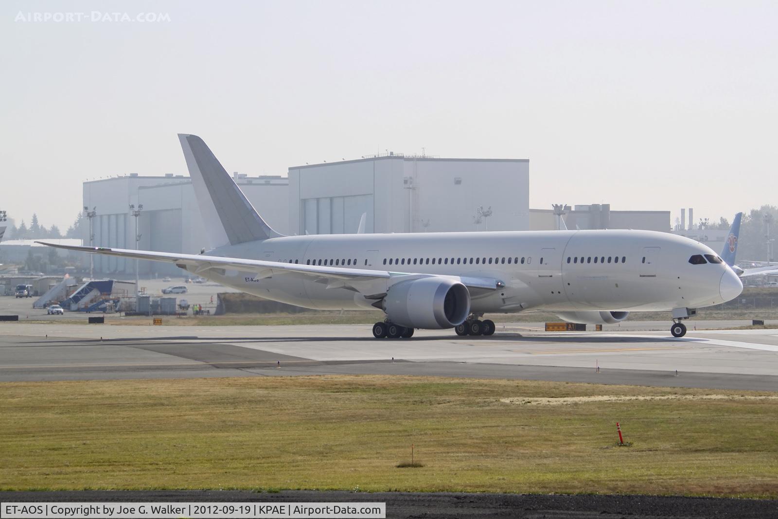 ET-AOS, 2012 Boeing 787-8 Dreamliner C/N 34747, Seen taking the runway at PAE, for a pre-delivery test flight, was this 787-8 destined for Ethiopian Airlines.